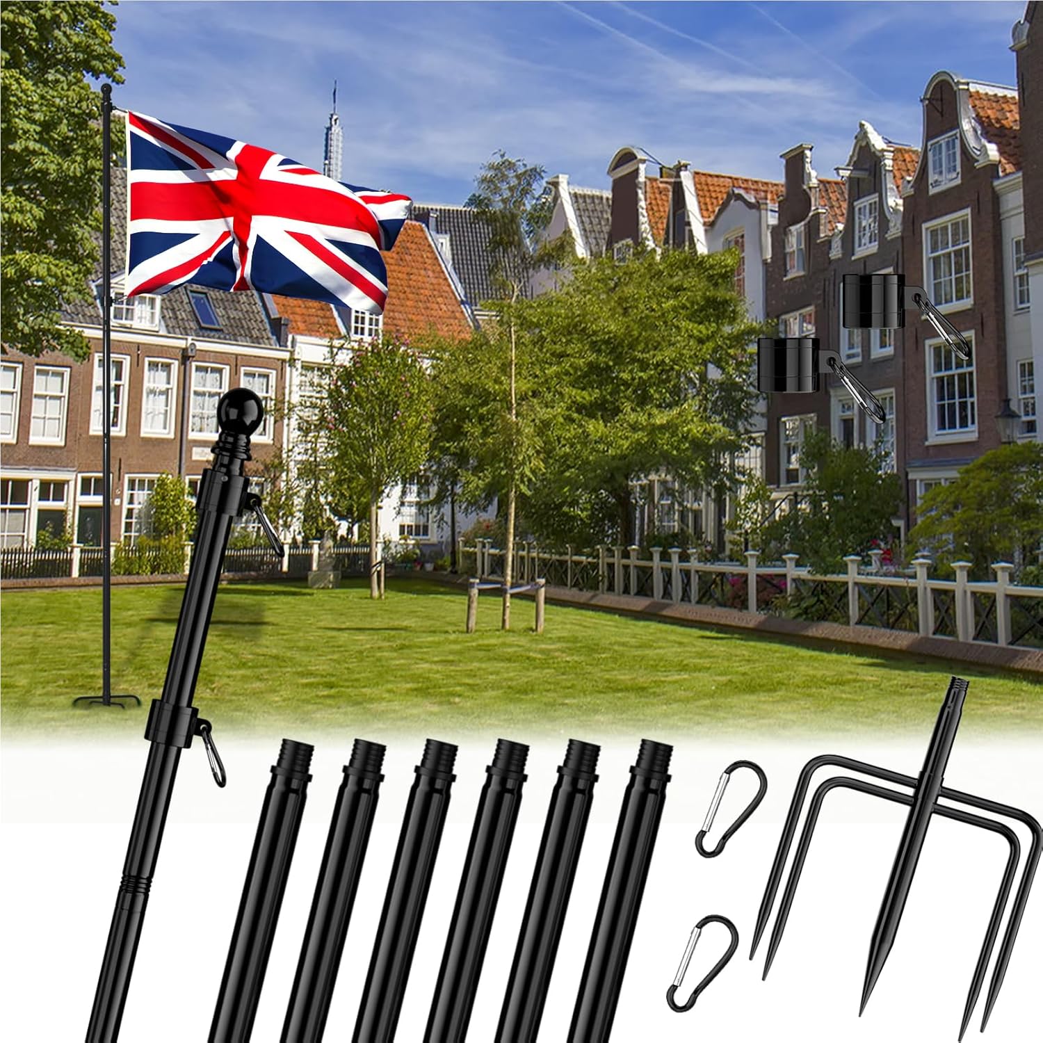 Asta per bandiera in acciaio inox 2,4m con base 5 rebbi, Nero