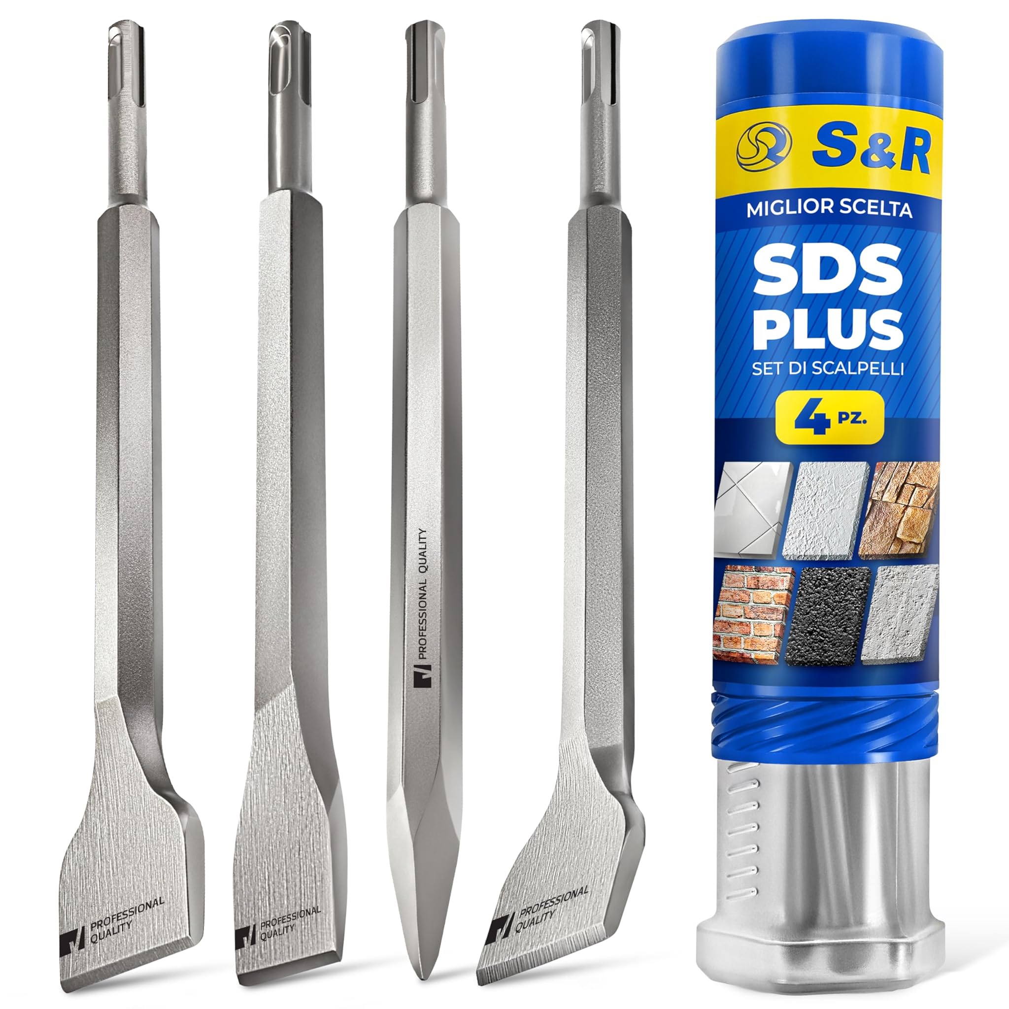 S&r Set 4 Scalpelli SDS-Plus per Piastrelle e Muratura