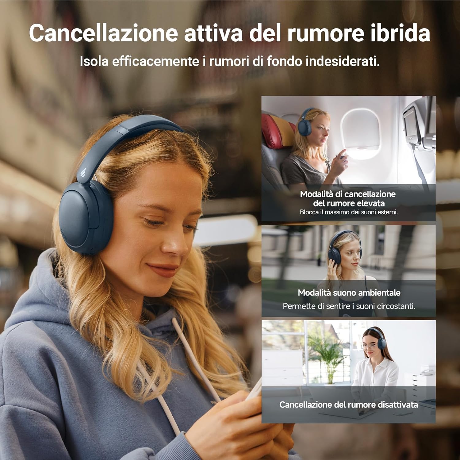 Edifier V80 Cuffie ANC Ibrida Bluetooth 5.4, Blu Navy - immagine 2