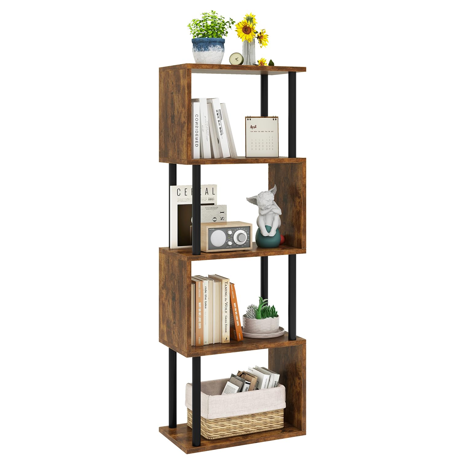 Ibuyke Libreria Scaffale a 6 Livelli a Forma di S, Marrone Rustico