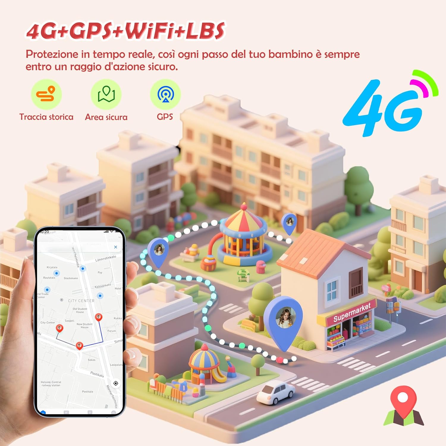 Smartwatch Bambini 4G con Chiamate Video e GPS, Rosa - immagine 2