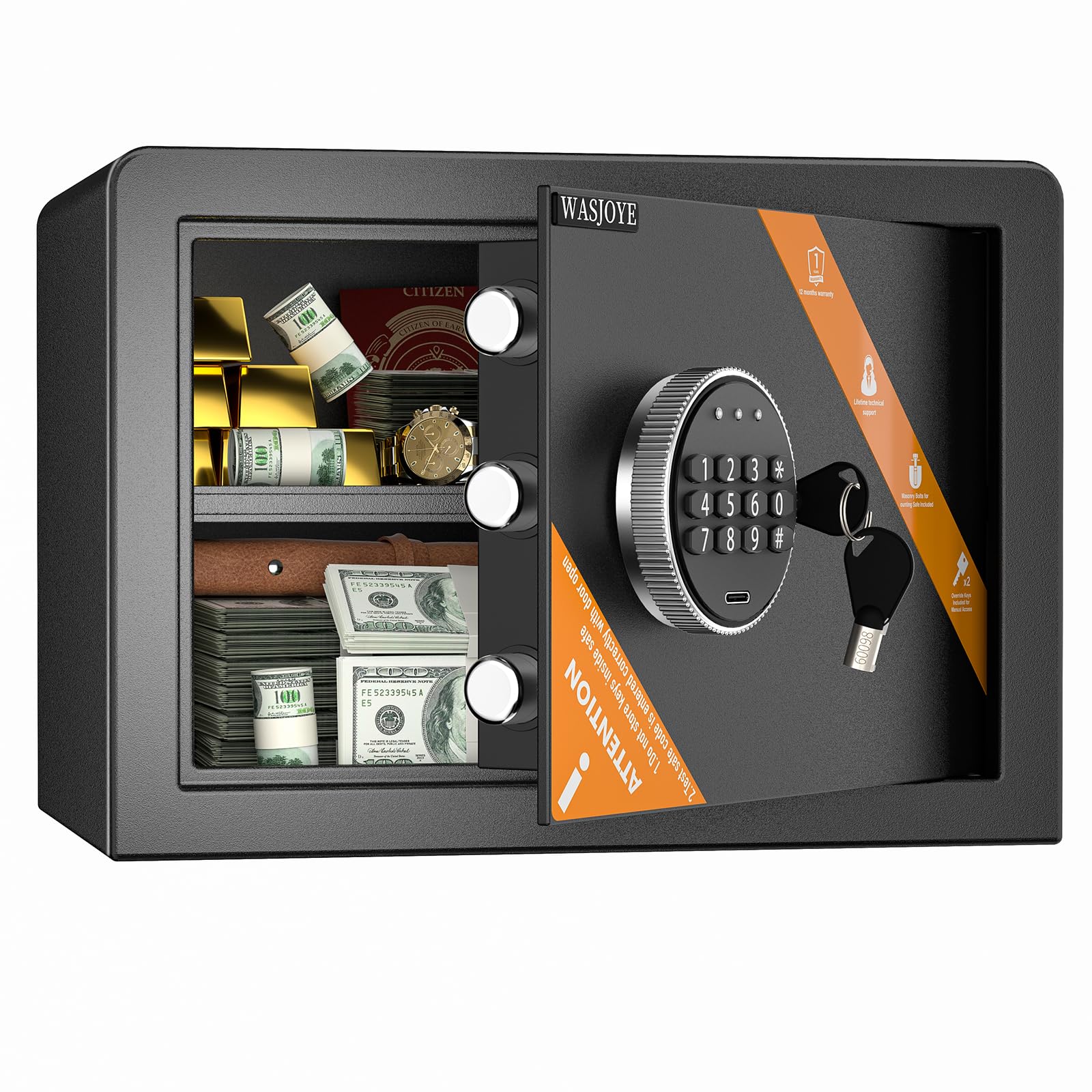 Wasjoye Cassaforte 25L con Chiave e Tastiera Digitale