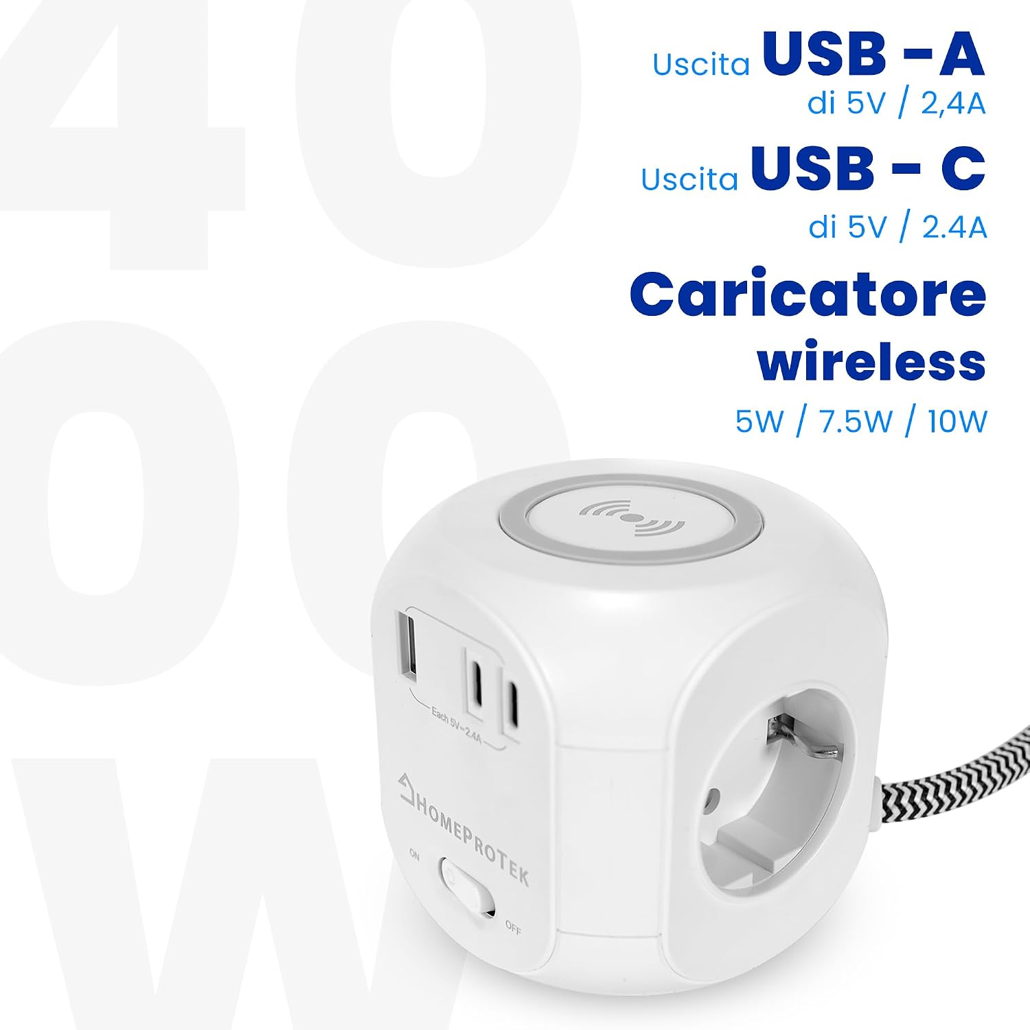 Homeprotek Multipresa Cubo con Ricarica Wireless, Bianco | Velz