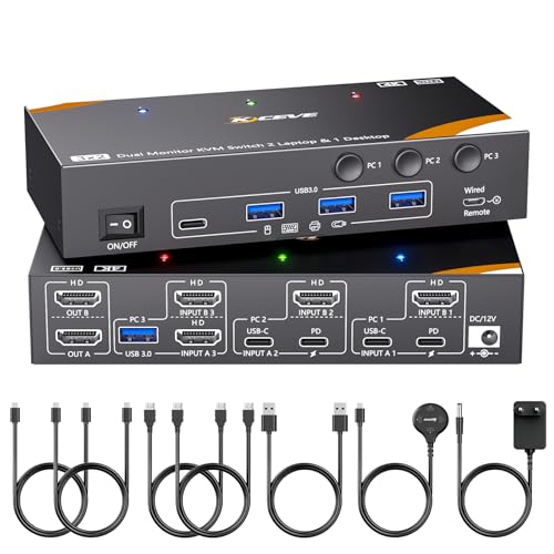 KVM Switch 3 PC 2 Monitor USB-C, USB 3.0 Dual Monitor