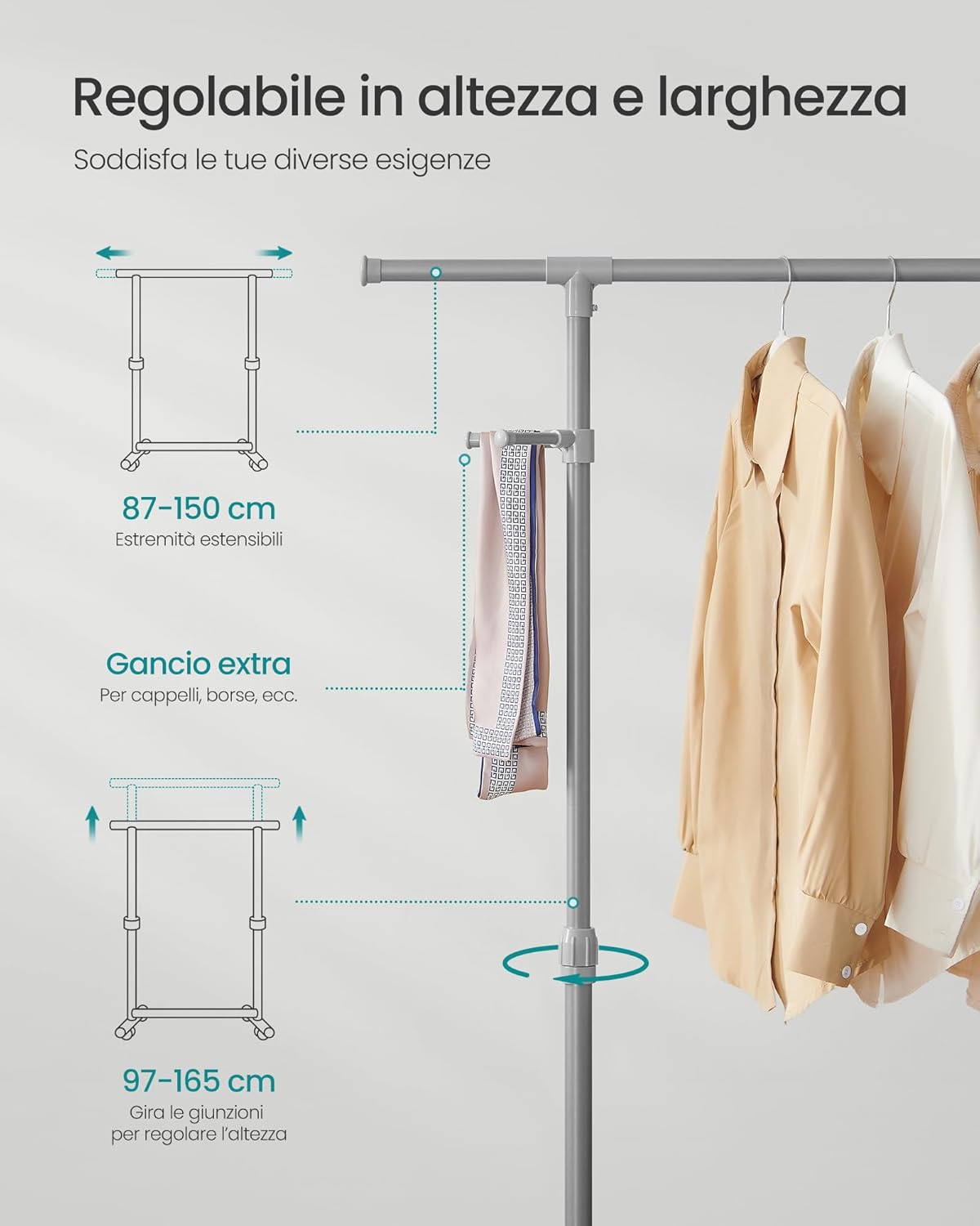 Songmics Stand Appendiabiti con Ruote, Grigio Tortora - immagine 3