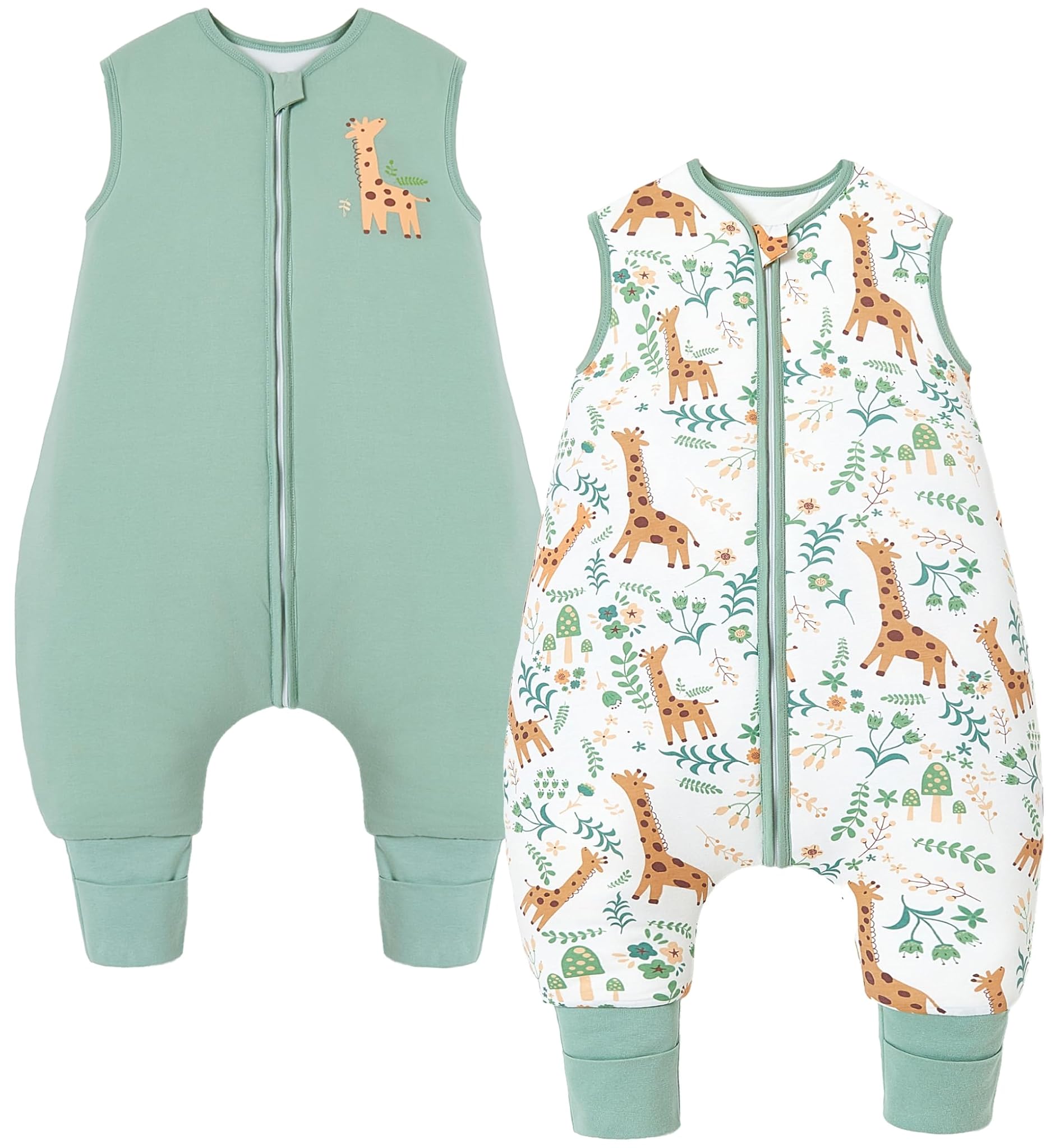 Chilsuessy Confezione da 2 sacchi nanna con gambe da 1,5 Tog, per tutto l'anno, con piedi, in 100% cotone