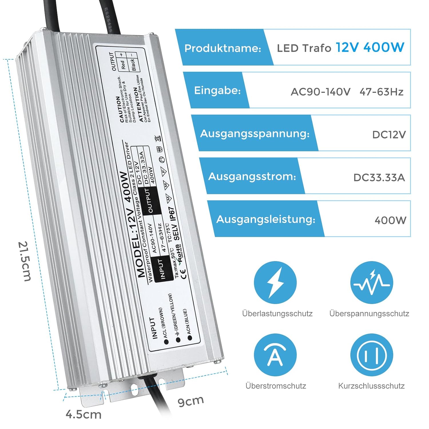 Trasformatore LED 12V 400W IP67 Impermeabile - immagine 5
