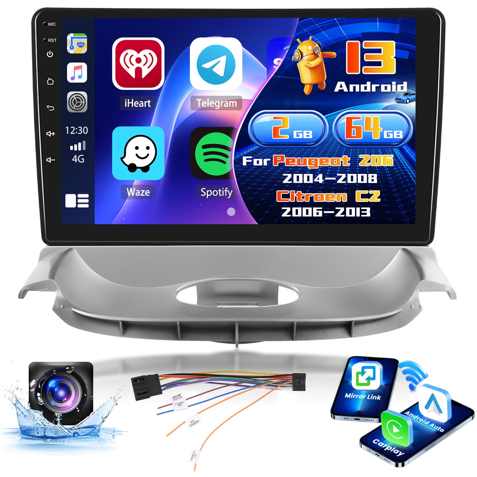 Inefala Autoradio Android 9'' per Peugeot 206 / Citroen C2