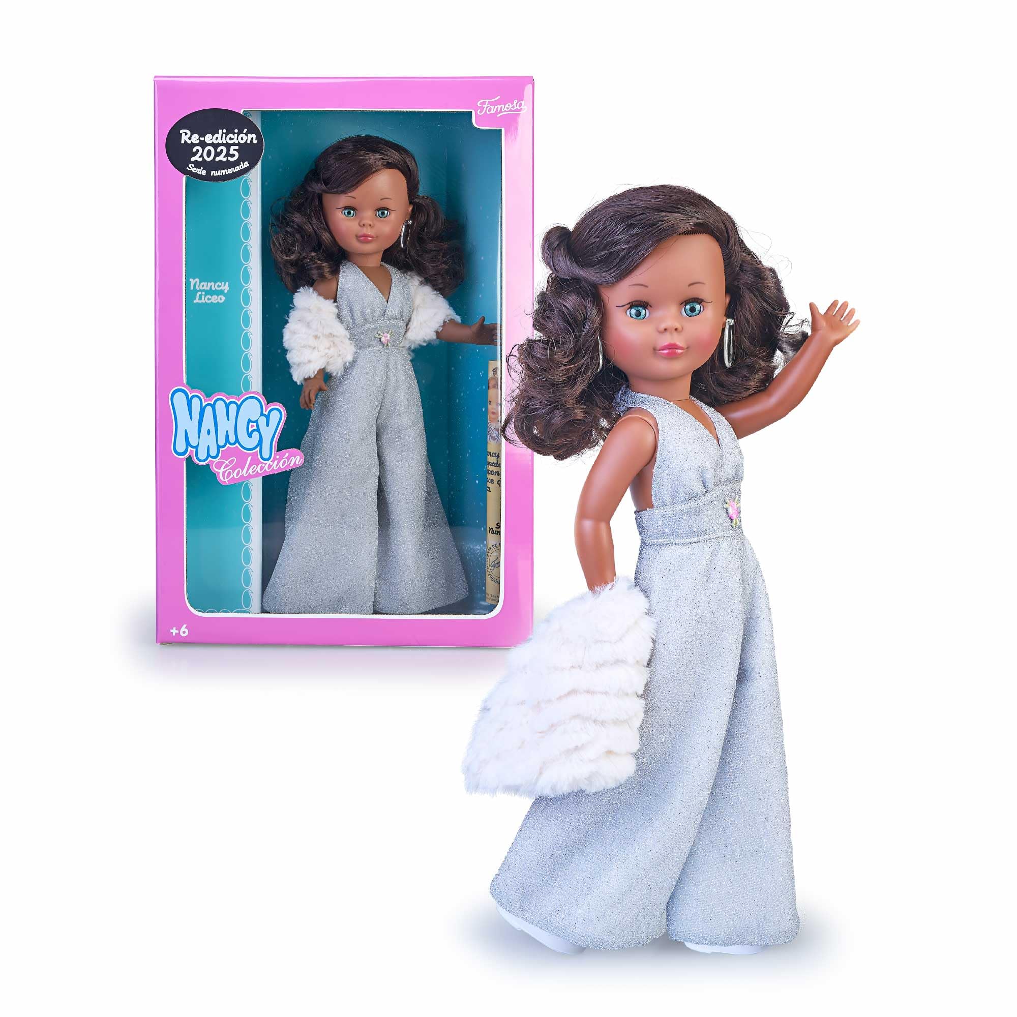 Nancy Collezione Liceo Ristampa 1977, Bambola 42 cm con Scimmia Argento Lungo Annodato al Collo, Luce una Mezza Criniera Ondulata di Colore Marrone Scuro, Certificato Ufficiale, Famosa (NAL13000)