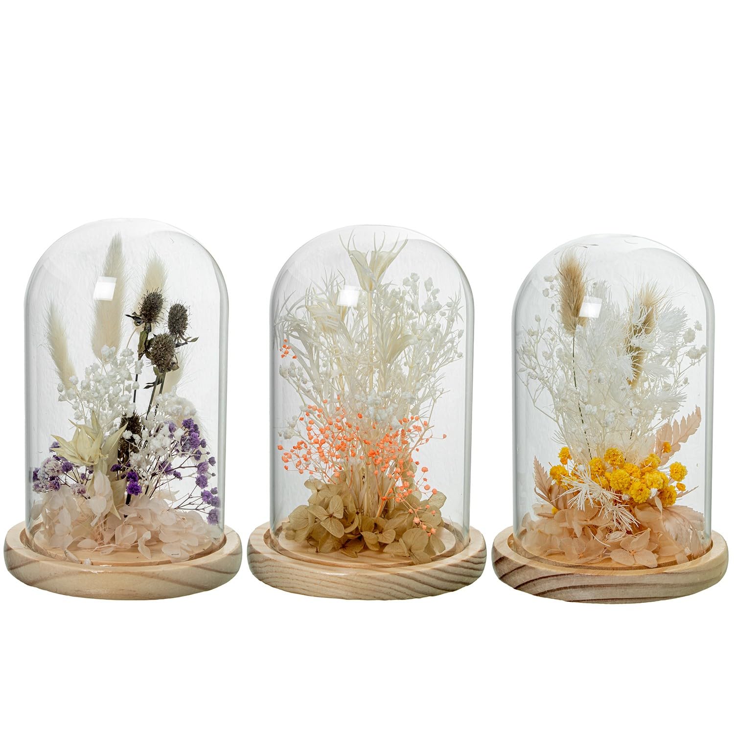 Drw Set 3 Fanali in Vetro con Base Legno e Fiori Artificiali