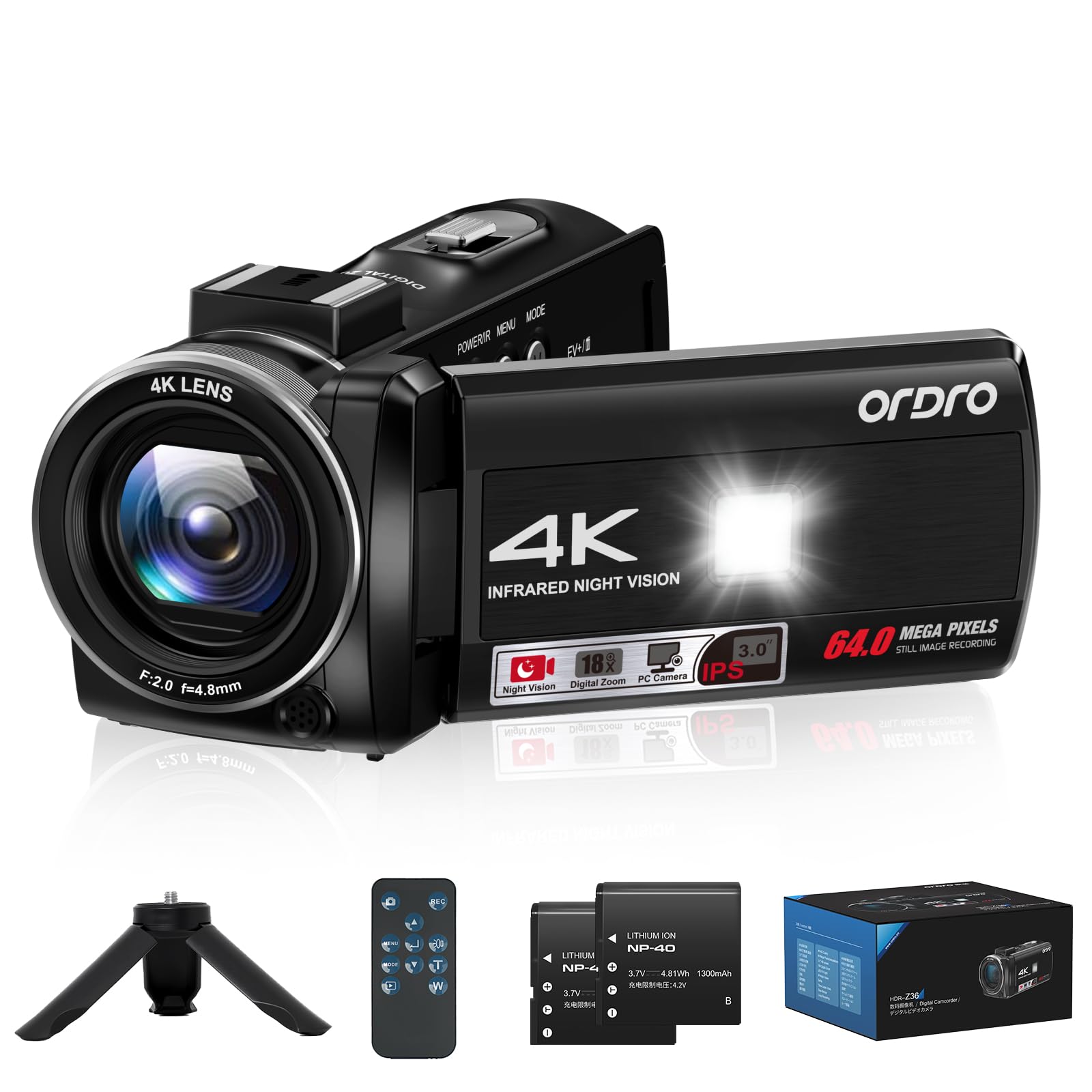 Ordro Videocamera 4K 64MP 18x Zoom Digitale