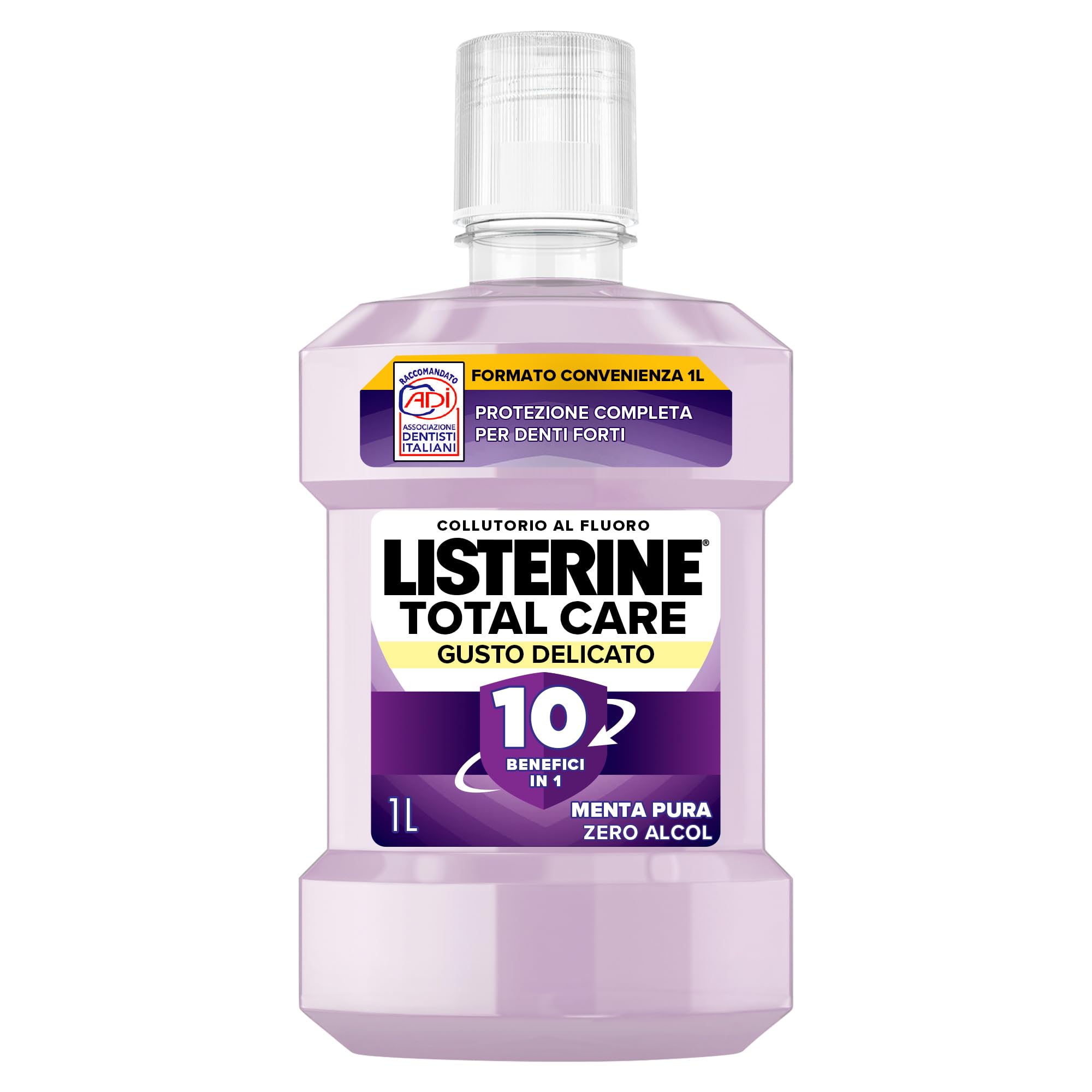 LISTERINE Total Care, Collutorio 0% alcol al gusto di Menta Pura, Collutorio senza alcool con 10 benefici in 1 per una protezione completa, denti più forti e un'igiene orale completa, 1L
