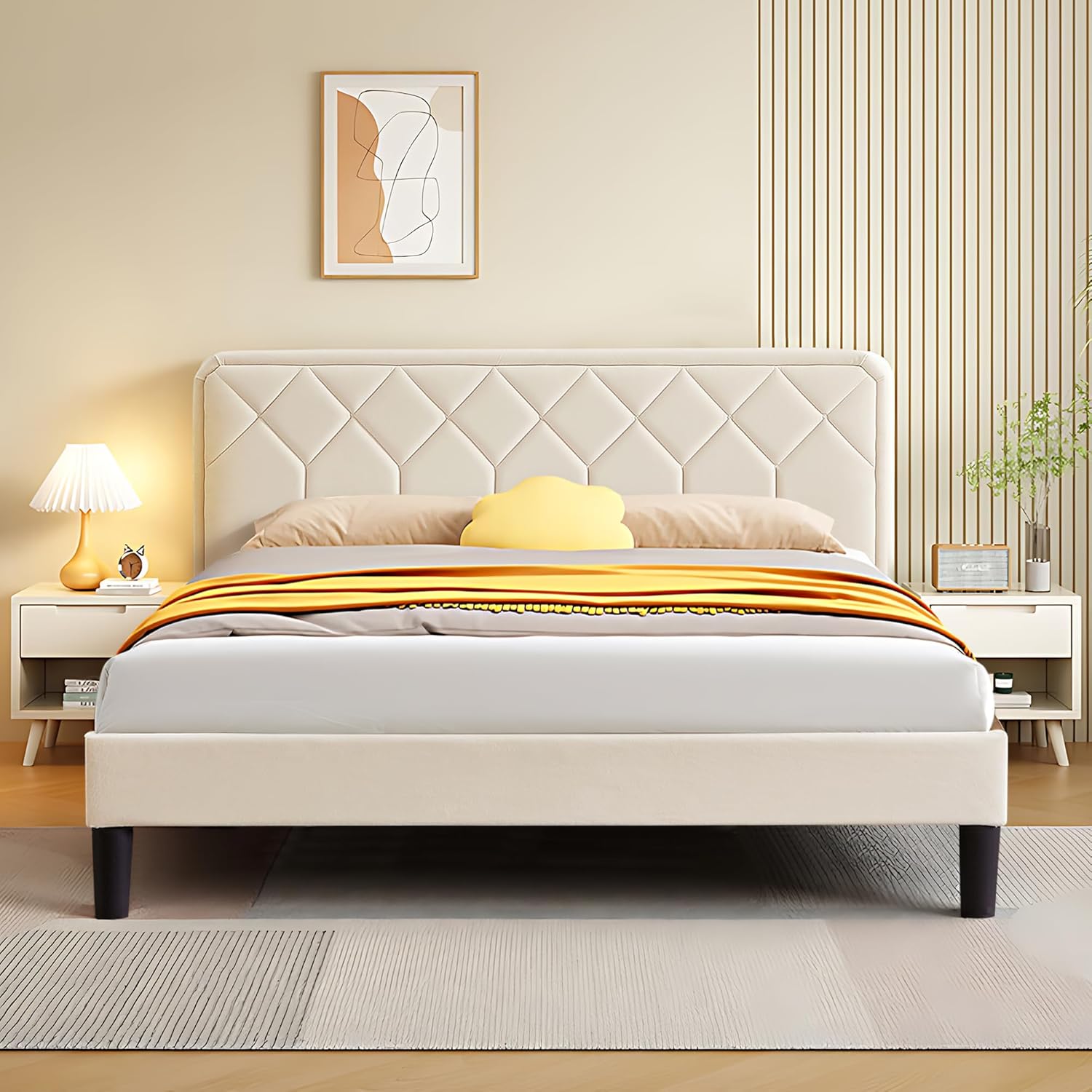 VECELO Letto Matrimoniale Imbottito 140x190 cm, Beige