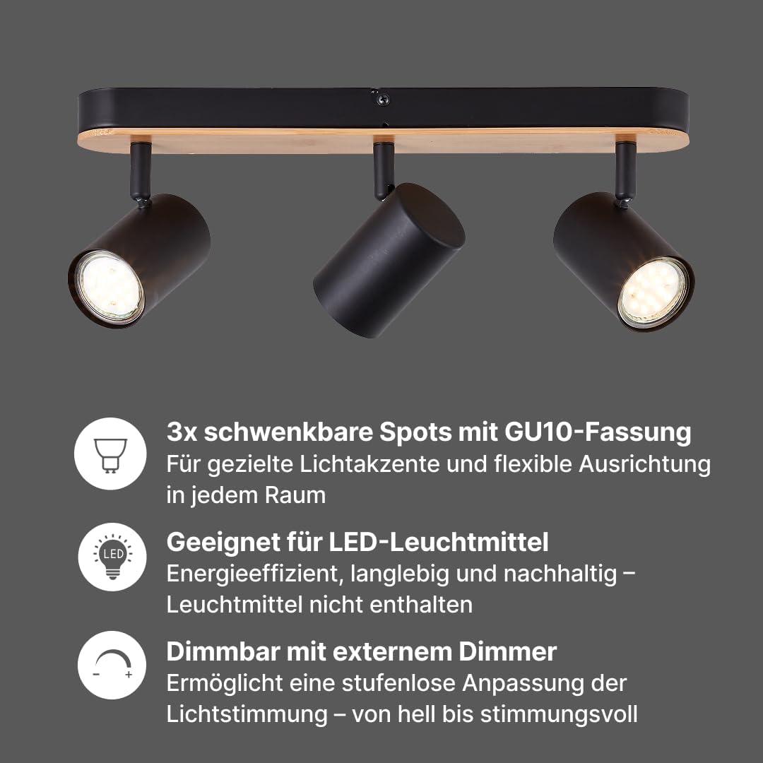 Brilliant Niels Spot Bar 3 Fiamme, Nero Opaco/Naturale - immagine 2