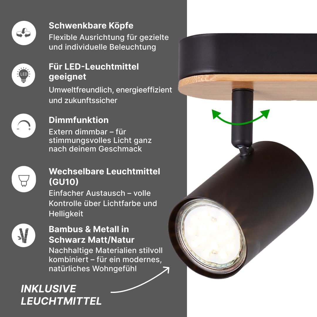 Brilliant Niels Spot Bar 3 Fiamme, Nero Opaco/Naturale - immagine 3