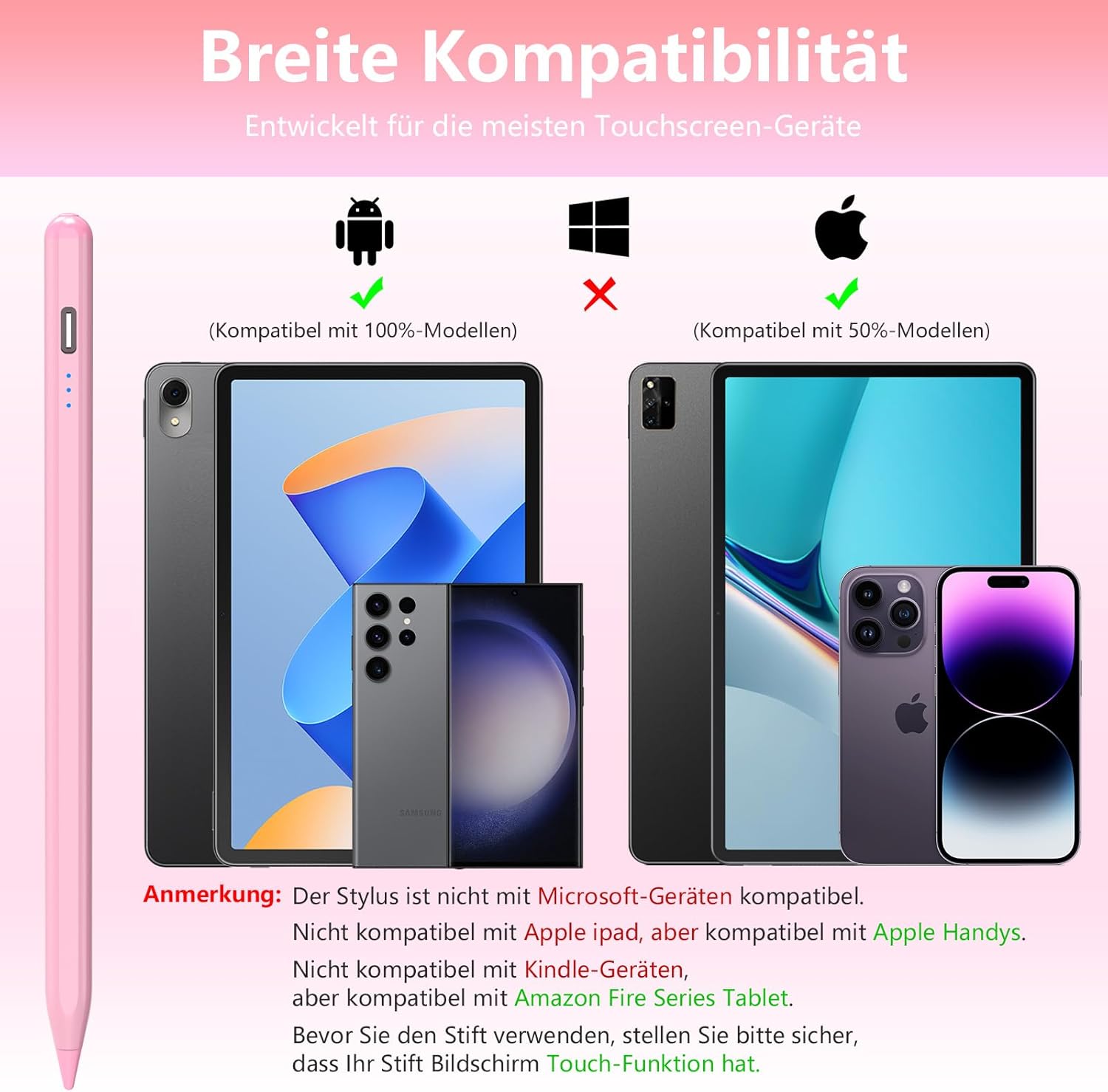 Penna per Tablet Android Universale, Rosa - immagine 2