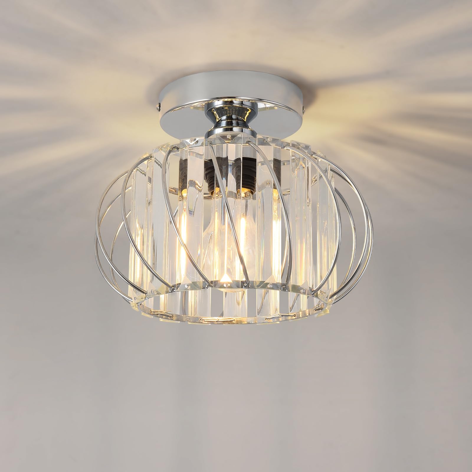 ANWIO Lampada da Soffitto Cristallo E27, Plafoniera a Soffitto con Argento Base Moderno, Plafoniera Bagno in Cristallo, Lampadario Corridoio con Paralume in Vetro, 22.5 CM (Senza Lampadine) Kitchen