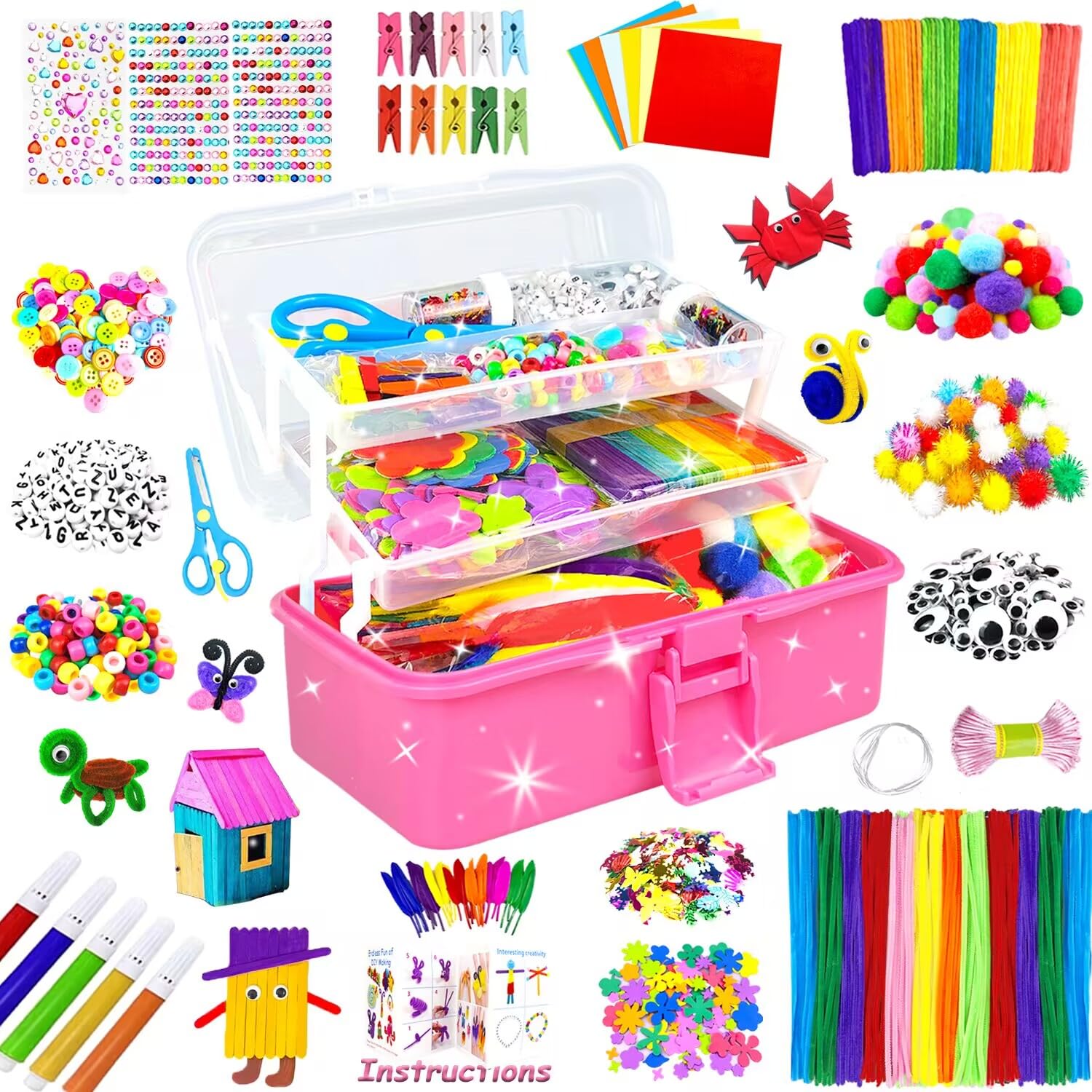 3000 Pezzi Lavoretti Creativi per Bambini DIY Art Craft Set Scovolini Colorati per Lavoretti per Bambini Scatola artigianale 3 strati Materiale scolastico fai da te Regali per Ragazze e Ragazzi, Rosso