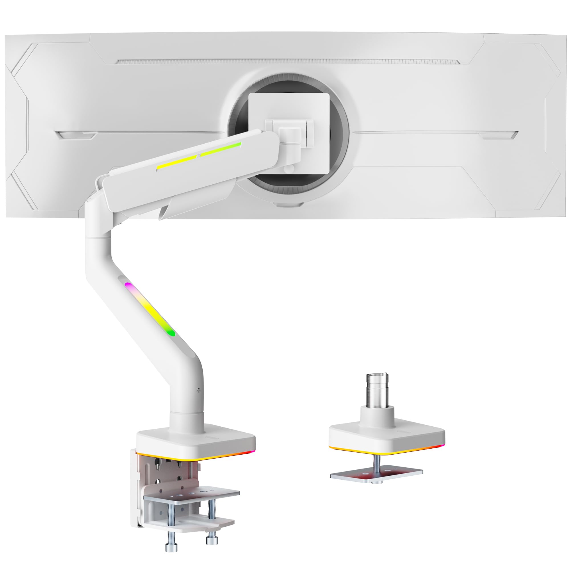 ARES WING Monitor RGB Gaming Mount 1 Monitor Arm 17-49 pollici/Screen Mount for Heavy (20 kg) & Curved Monitors, Single Monitor Mount with Gas Lift ,White,75/100 mm vesa