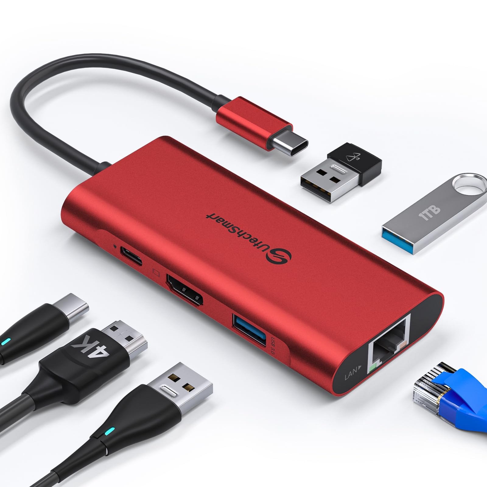 Utechsmart Hub USB C 6 in 1, Rosso