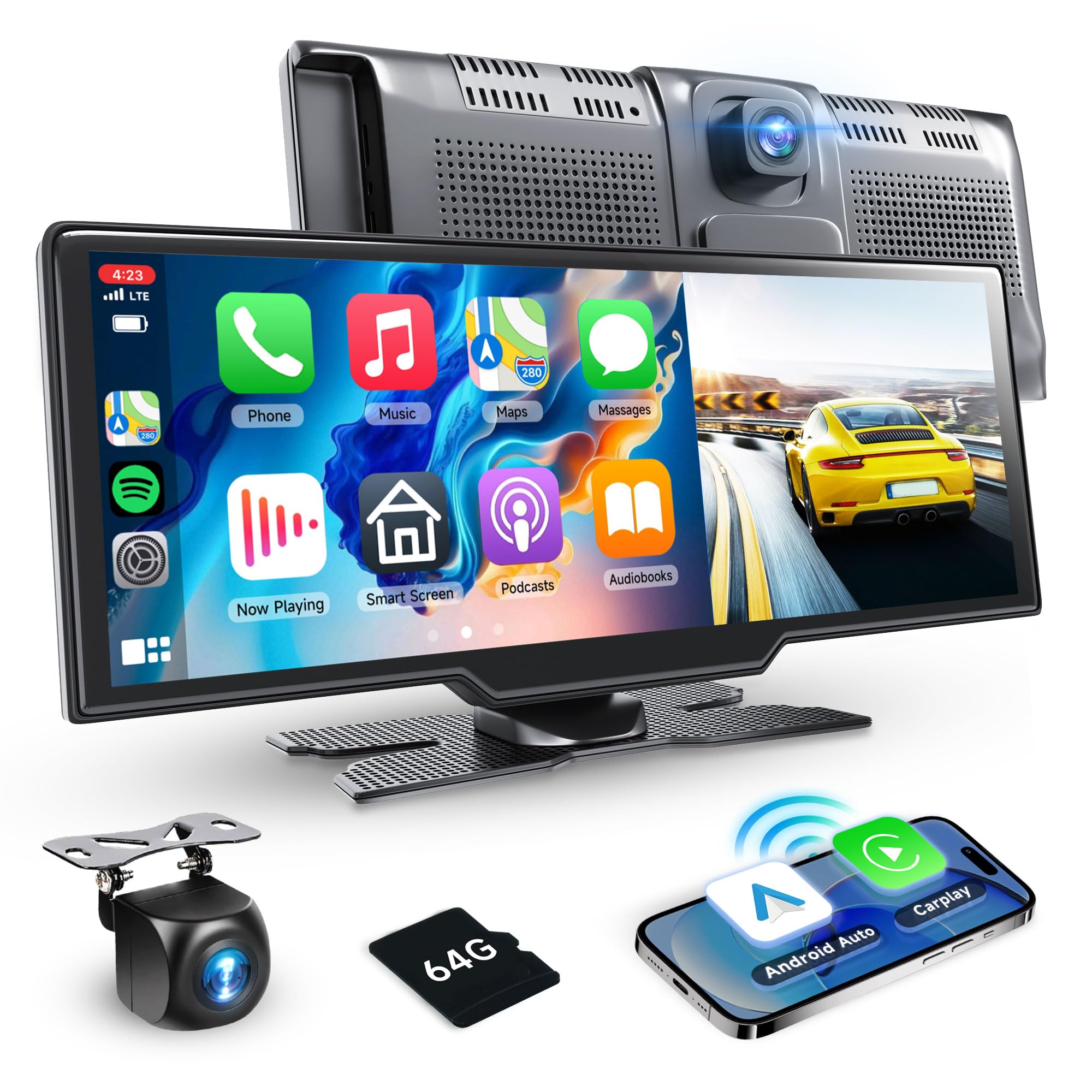 Podofo 9.3" Carplay Schermo Auto con Dash Cam 64G SD