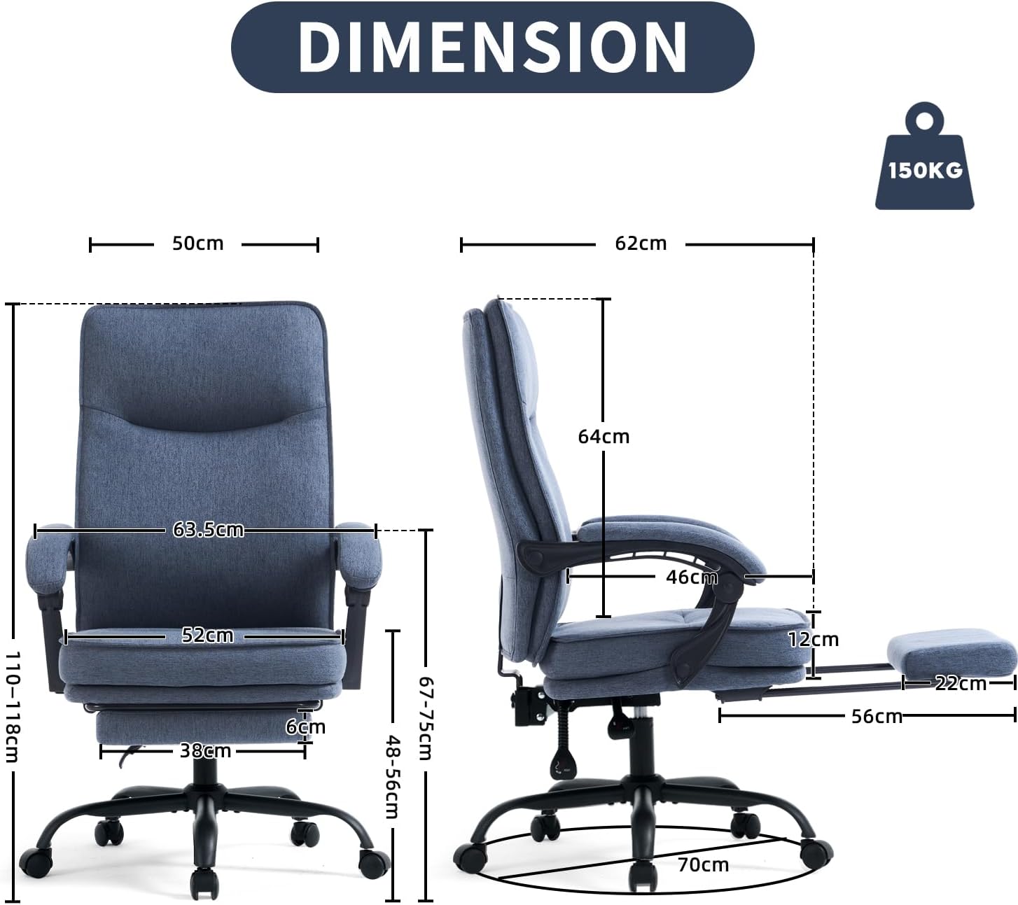 Sedia ergonomica da ufficio, da scrivania, poltrona direzionale, sedia da computer, con poggiapiedi e schienale regolabile, 90-135°, per casa, ufficio, blu navy, tessuto 150 kg - immagine 2