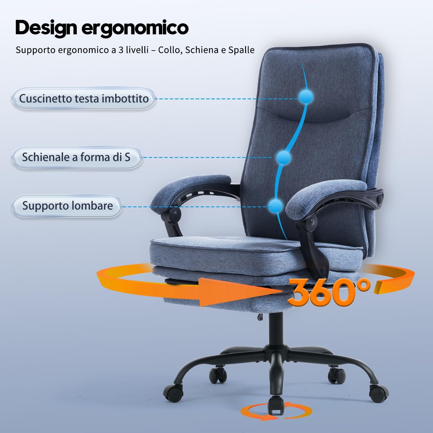 Sedia ergonomica da ufficio, da scrivania, poltrona direzionale, sedia da computer, con poggiapiedi e schienale regolabile, 90-135°, per casa, ufficio, blu navy, tessuto 150 kg - immagine 3