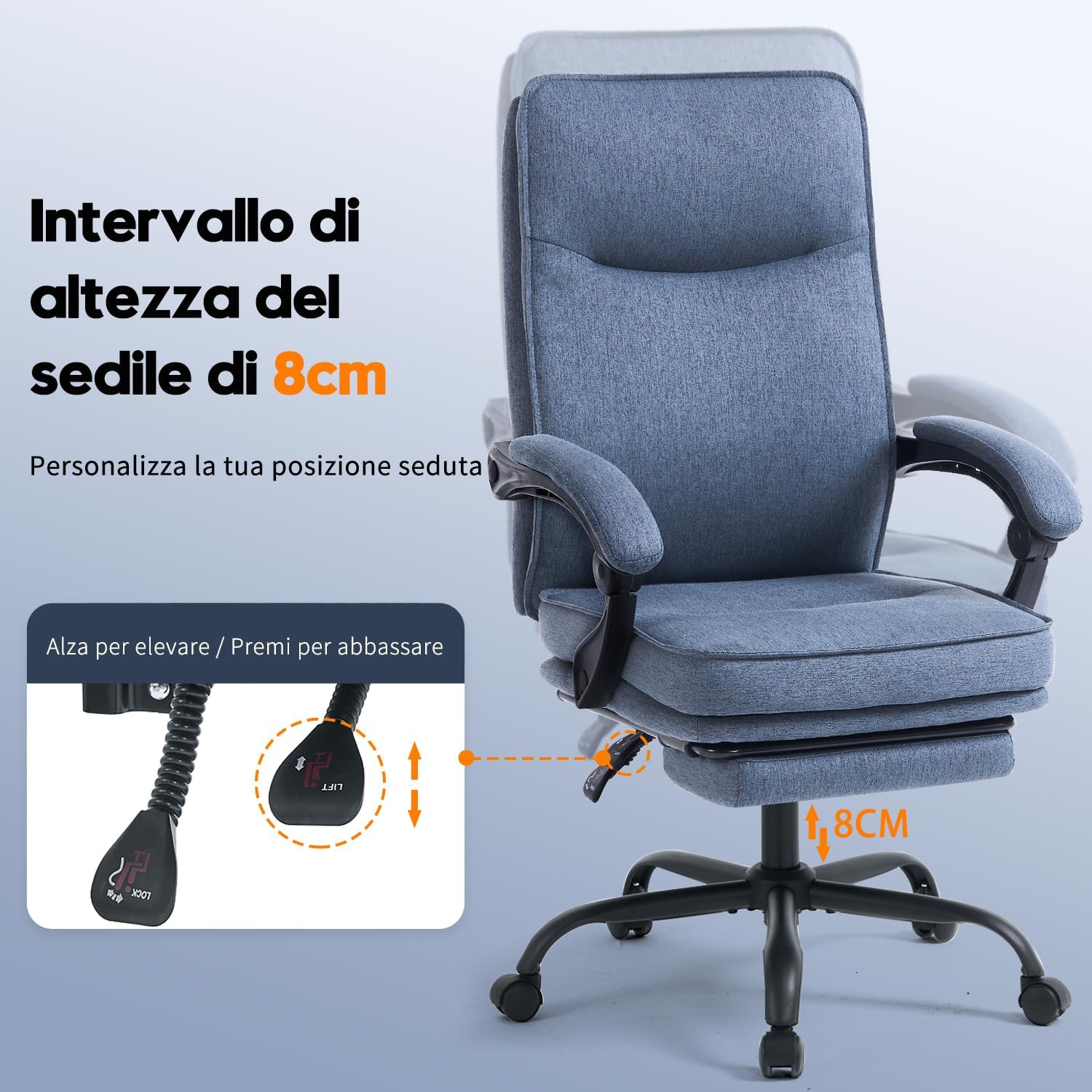 Sedia ergonomica da ufficio, da scrivania, poltrona direzionale, sedia da computer, con poggiapiedi e schienale regolabile, 90-135°, per casa, ufficio, blu navy, tessuto 150 kg - immagine 4