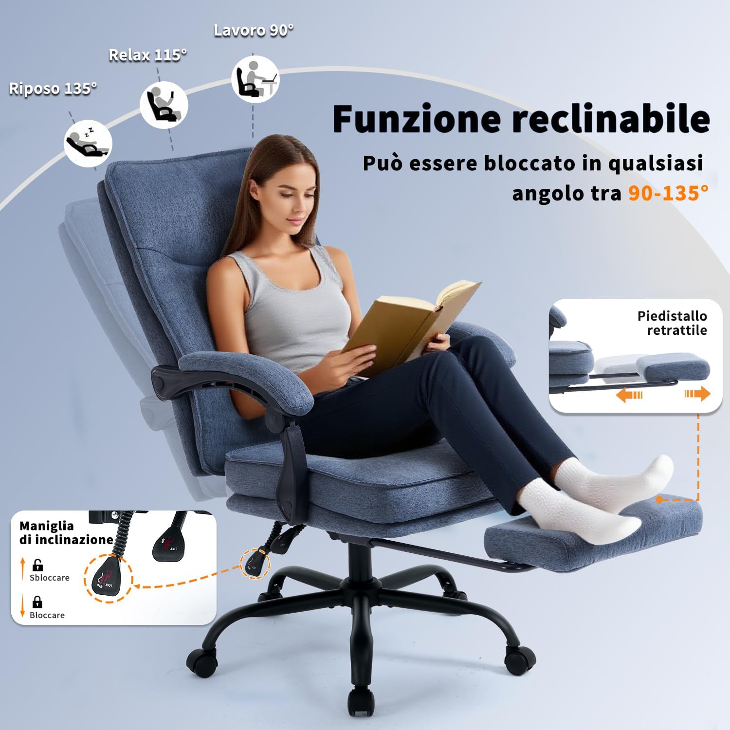 Sedia ergonomica da ufficio, da scrivania, poltrona direzionale, sedia da computer, con poggiapiedi e schienale regolabile, 90-135°, per casa, ufficio, blu navy, tessuto 150 kg - immagine 5