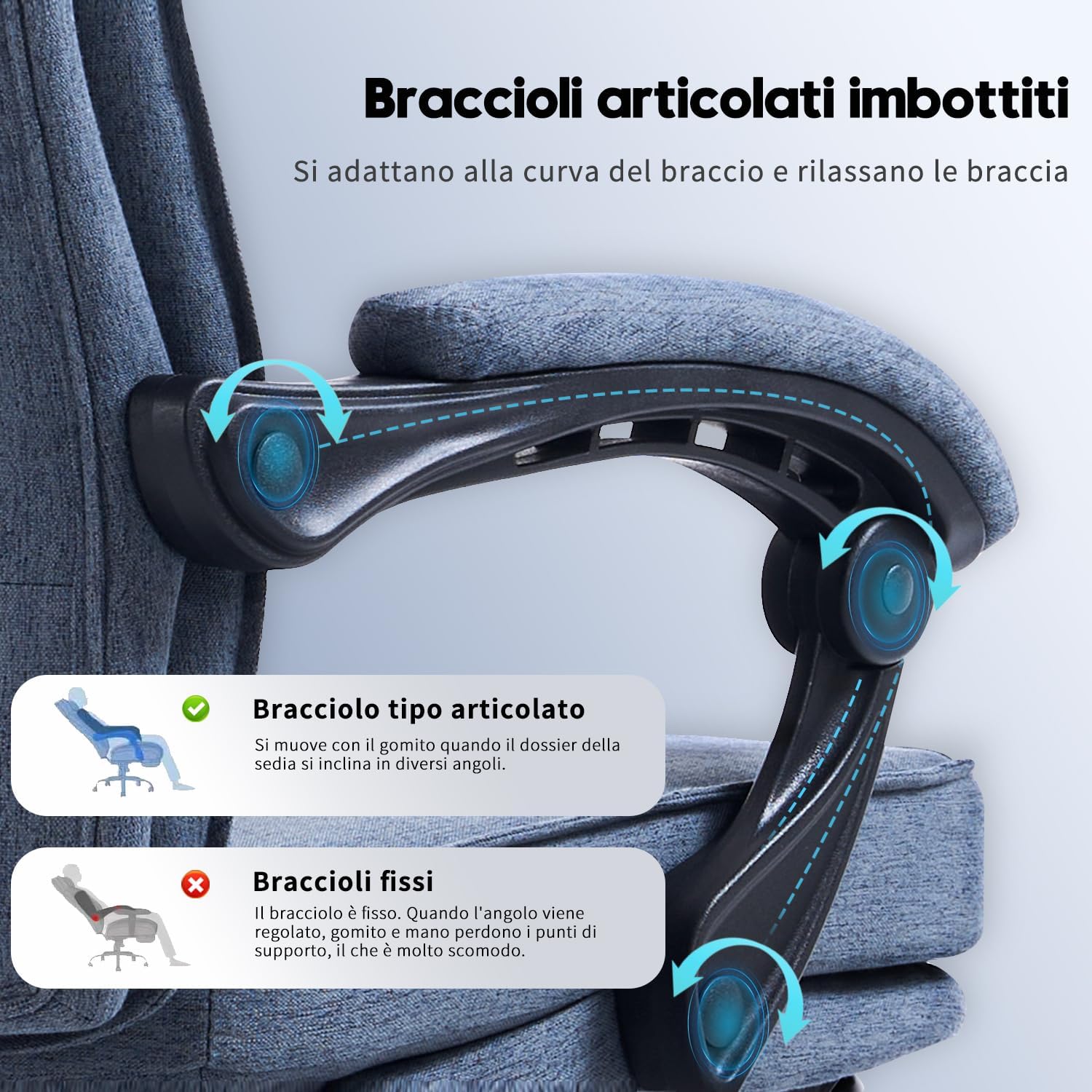Sedia ergonomica da ufficio, da scrivania, poltrona direzionale, sedia da computer, con poggiapiedi e schienale regolabile, 90-135°, per casa, ufficio, blu navy, tessuto 150 kg - immagine 6