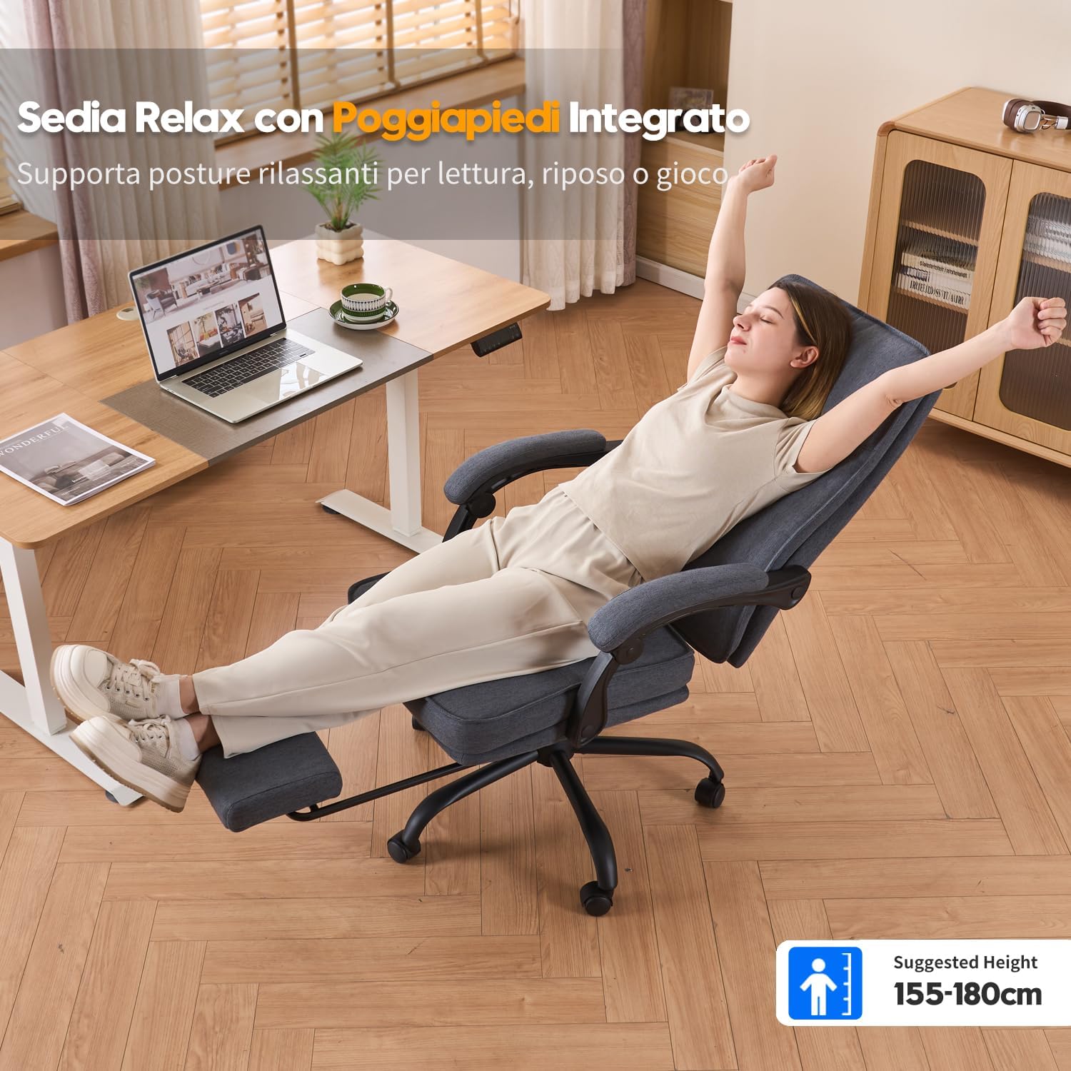 Sedia ergonomica da ufficio, da scrivania, poltrona direzionale, sedia da computer, con poggiapiedi e schienale regolabile, 90-135°, per casa, ufficio, blu navy, tessuto 150 kg - immagine 7