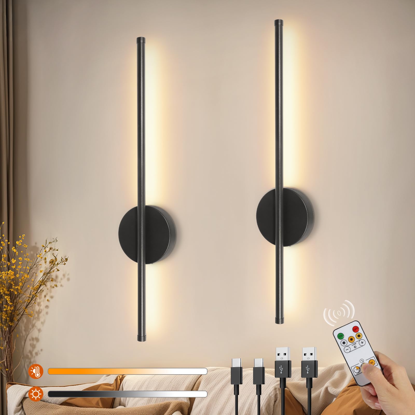 2 Pezzi Applique da Parete Interno LED, Nero Lampada da Parete Senza Fili, Lampada da Muro Dimmerabile & 3 Temperatura Colore & Timer con Telecomando, per Camera da Letto Soggiorno Corridoio