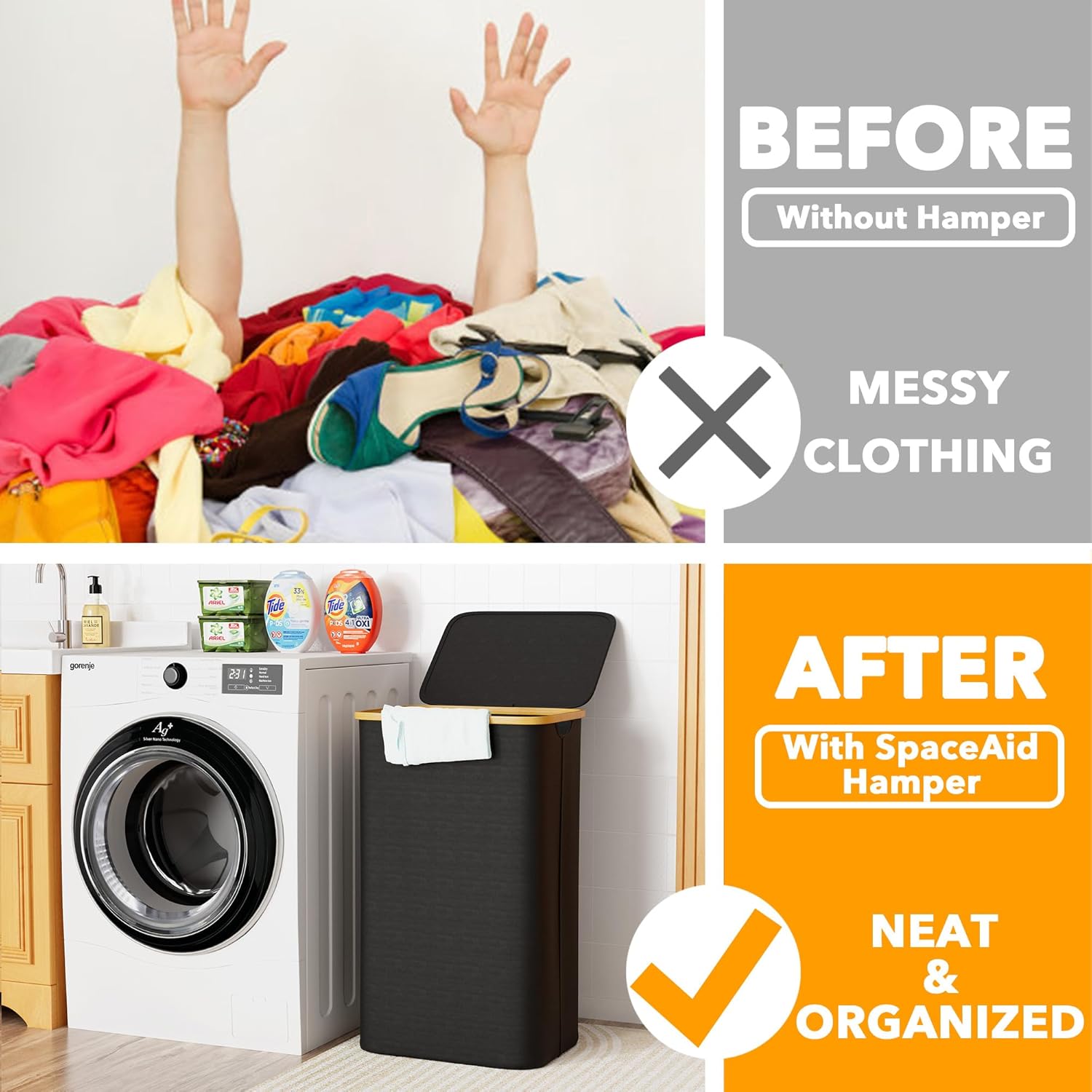 Spaceaid Cesto Portabiancheria con Coperchio 110 Litri, Nero - immagine 2