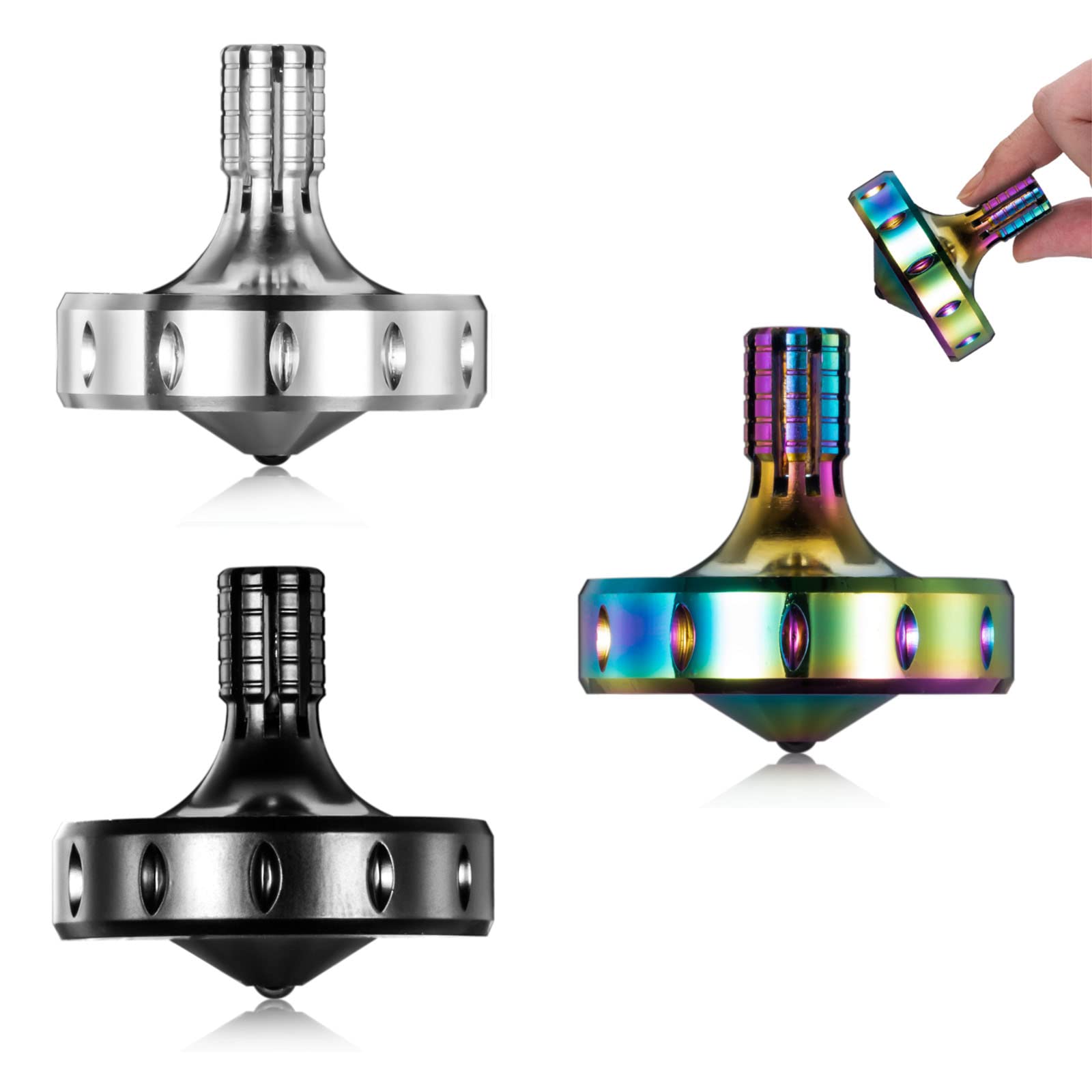 LOQATIDIS Trottola in Metallo di Precisione, Perfettamente Bilanciata, Rotazione Liscio, Tempo di Rotazione Lungo, Facilmente Oltre 10 Minuti Giocattolo EDC Portatile (3PCS Nero+Argento+Iridescente/M)