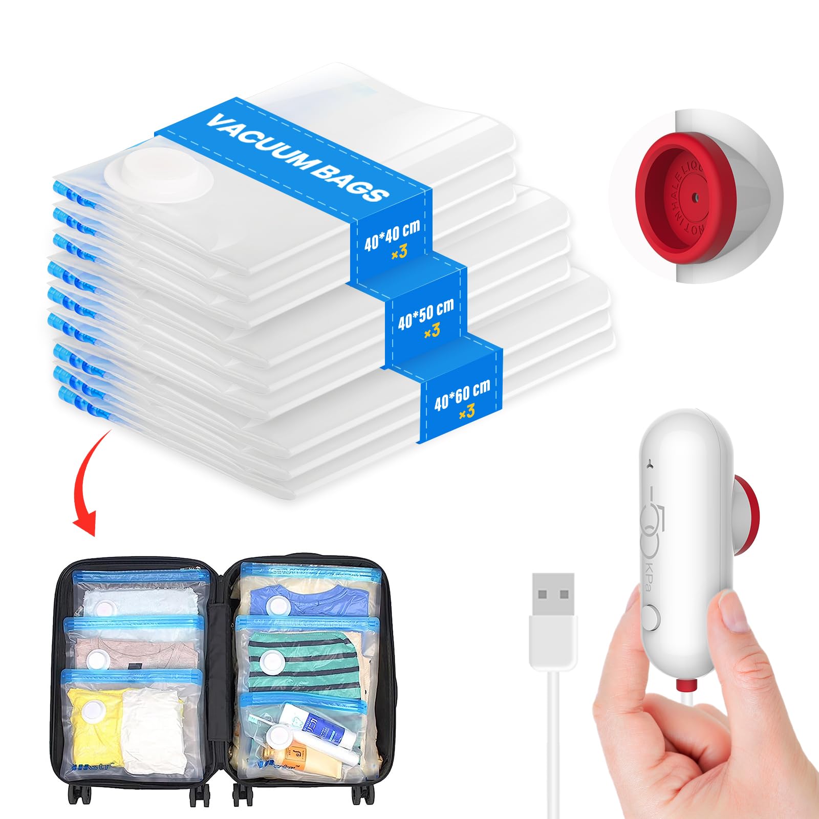 Sacchetti Sottovuoto Vestiti con Pompa Elettrica USB - 9 Pezzi