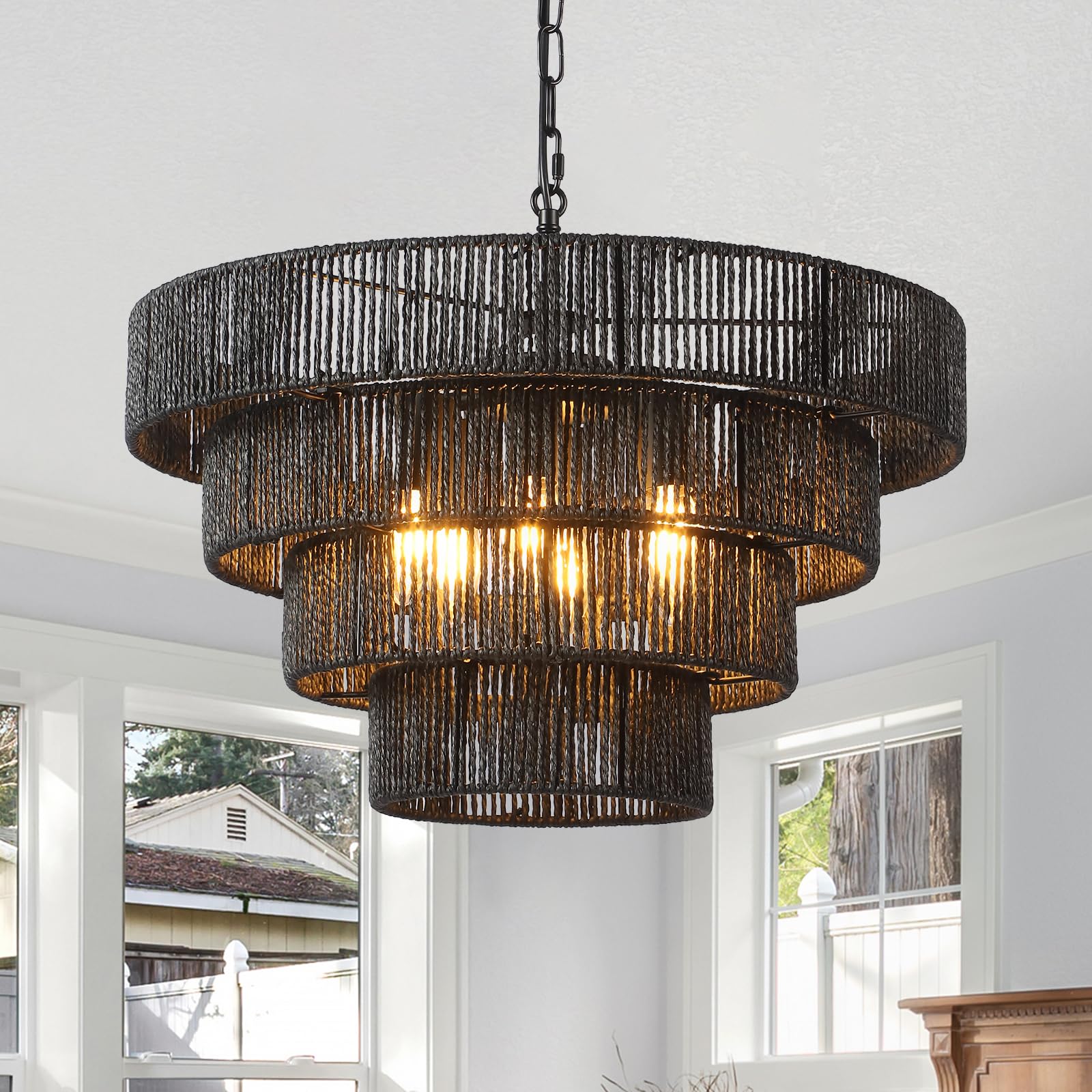 Lampadario Camera Letto Rattan 50cm, 6 Luci, Nero