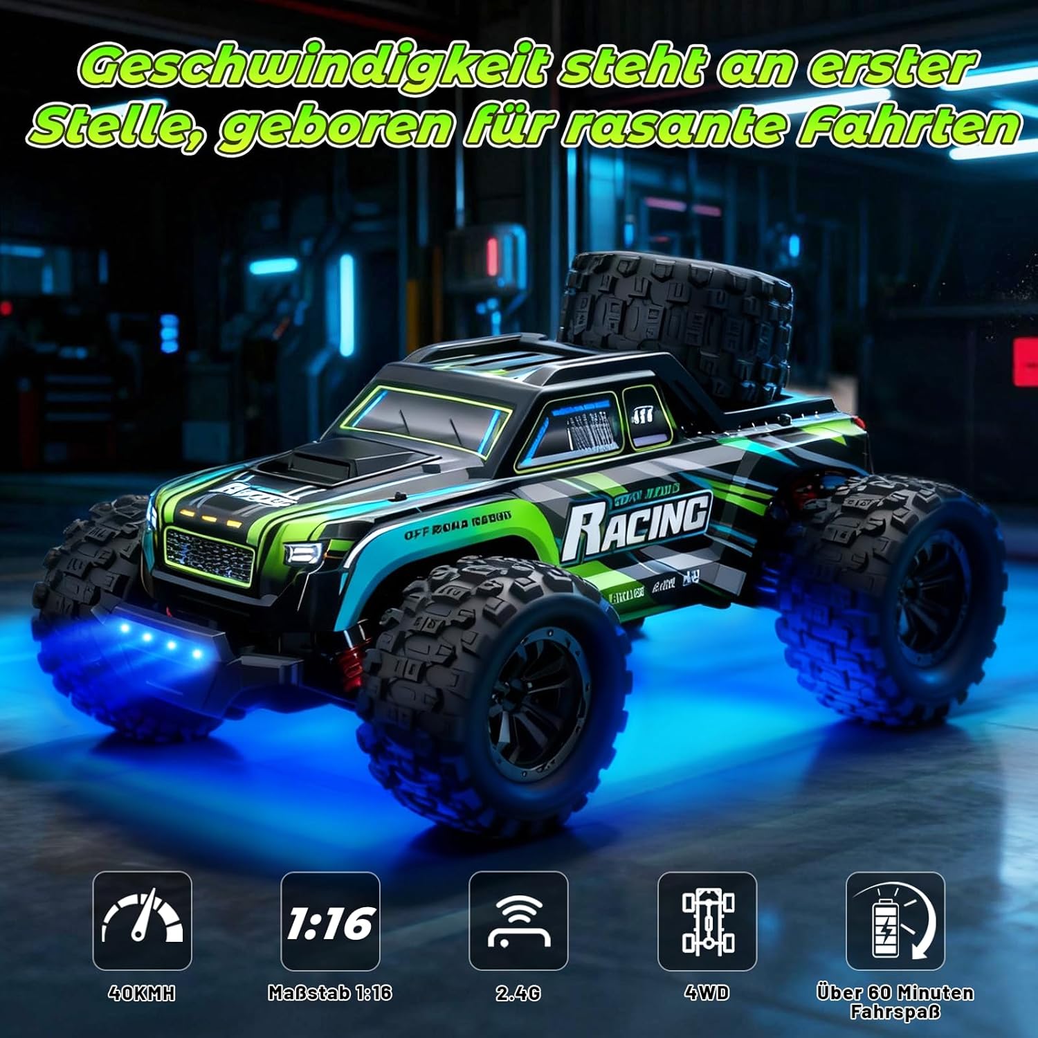 Macchina Telecomandata 1:16 38km/h 4x4 All Terrains Verde - immagine 2