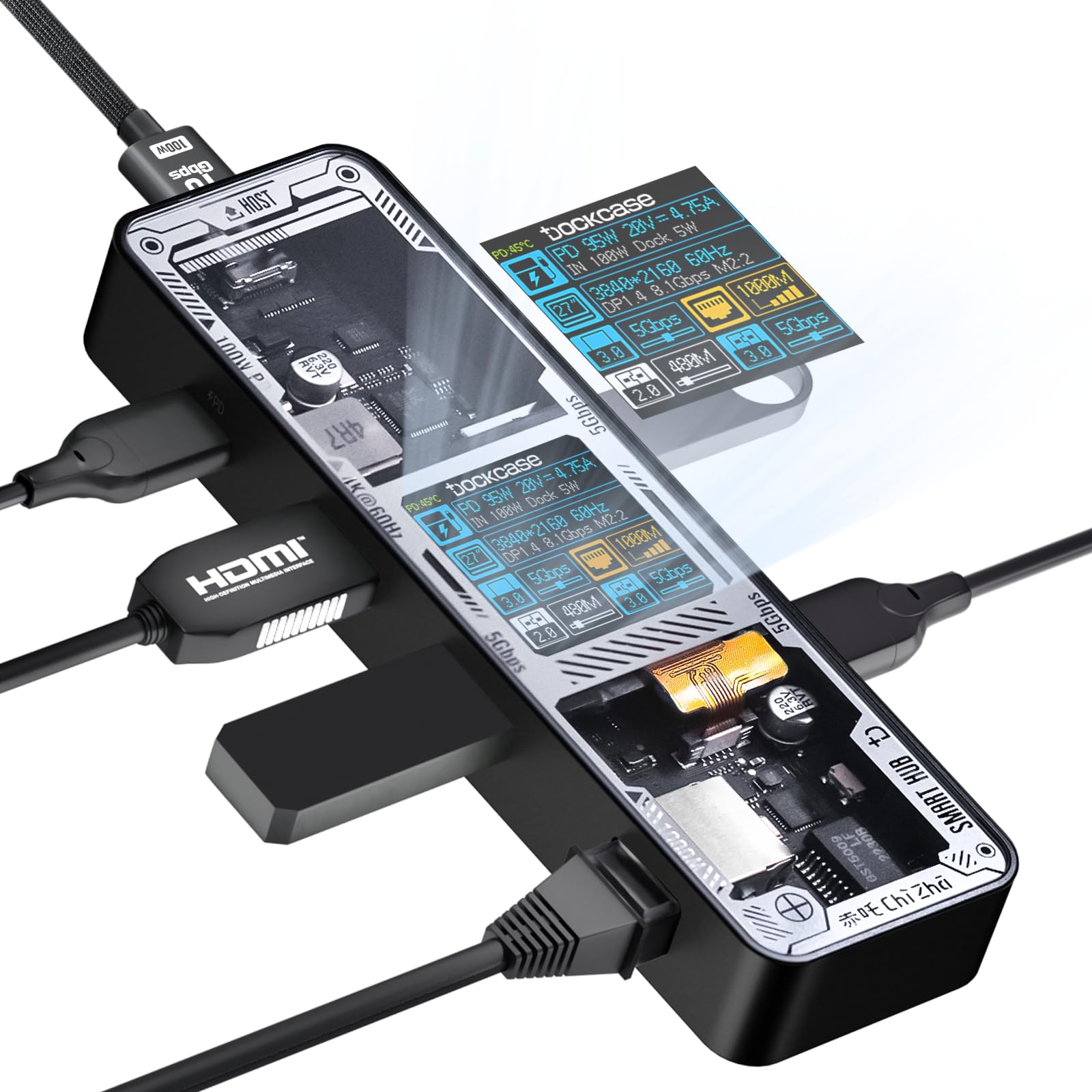 Dockcase Explorer Edition Smart USB C Hub 6 in 1, Nero Opaco