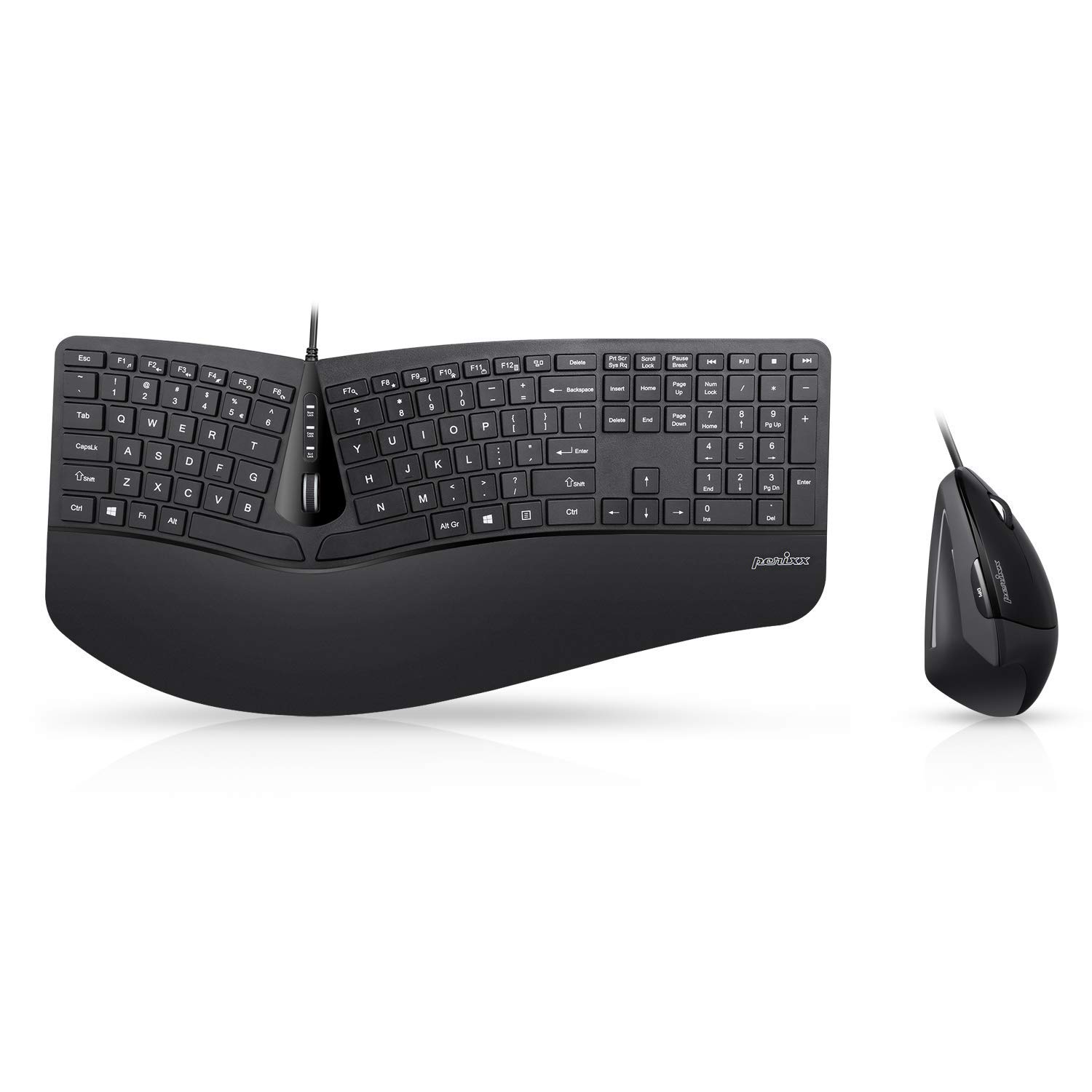 Perixx Periduo-505, Set Tastiera ergonomica con Mouse Verticale, 3D Design con Tasti divisi e Rotella di Scorrimento inclinazione, poggiapolso Regolabile e Profilo ribassato, US Inglese Layout