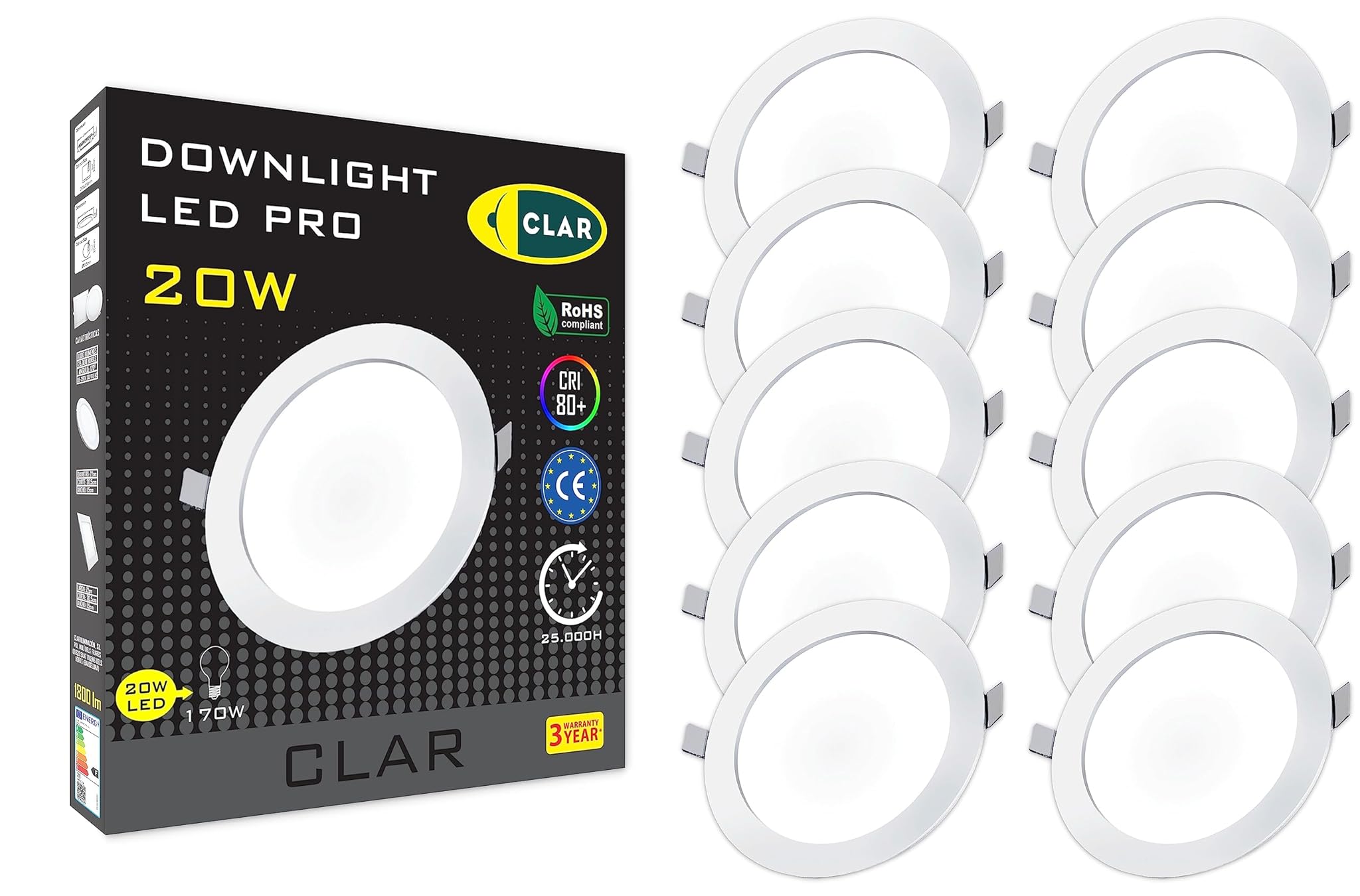 Clar Faretti LED da Incasso per Cartongesso 20W, Pack 10