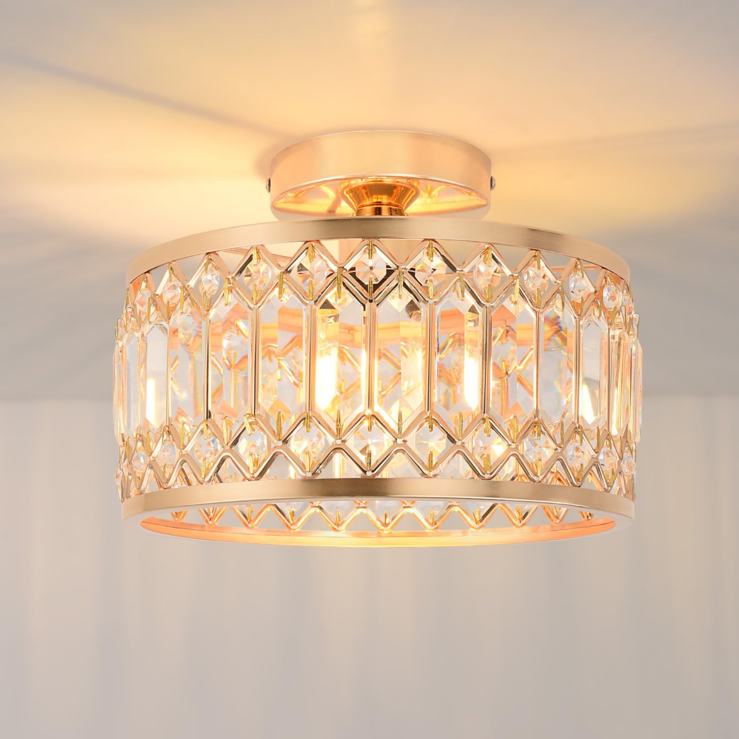 Anwio Lampada da Soffitto Cristallo E27, Oro 27 CM