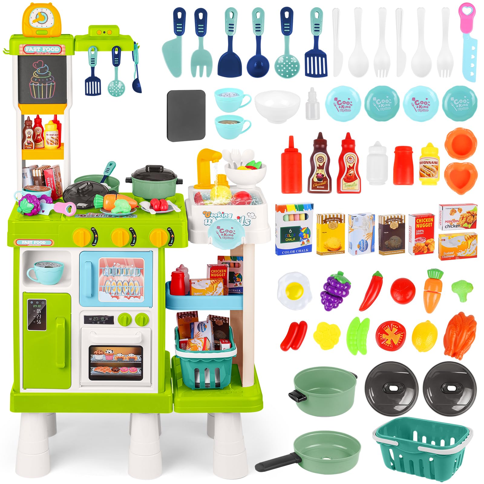 deAO Cucina Giocattolo 54 Pezzi Altezza Regolabile, Verde