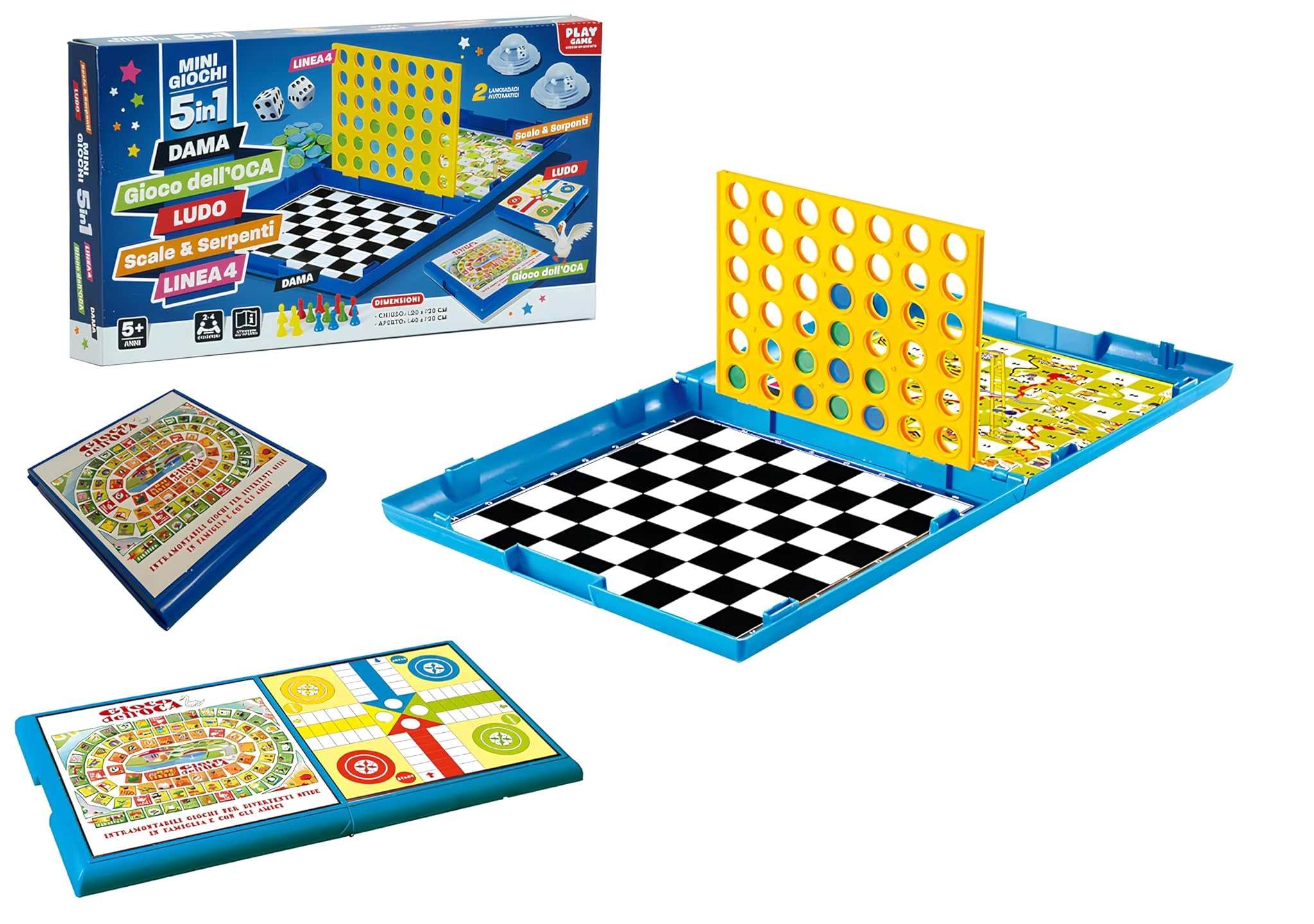 Giochi Riuniti 5 in 1 Mini Giochi Raccolta Giochi da Tavolo Forza 4 Gioco dell'Oca Dama Ludo Scale e Serpenti Valigetta Tabellone di Gioco Richiudibile Gioco da Tavolo di Società per tutta la Famiglia