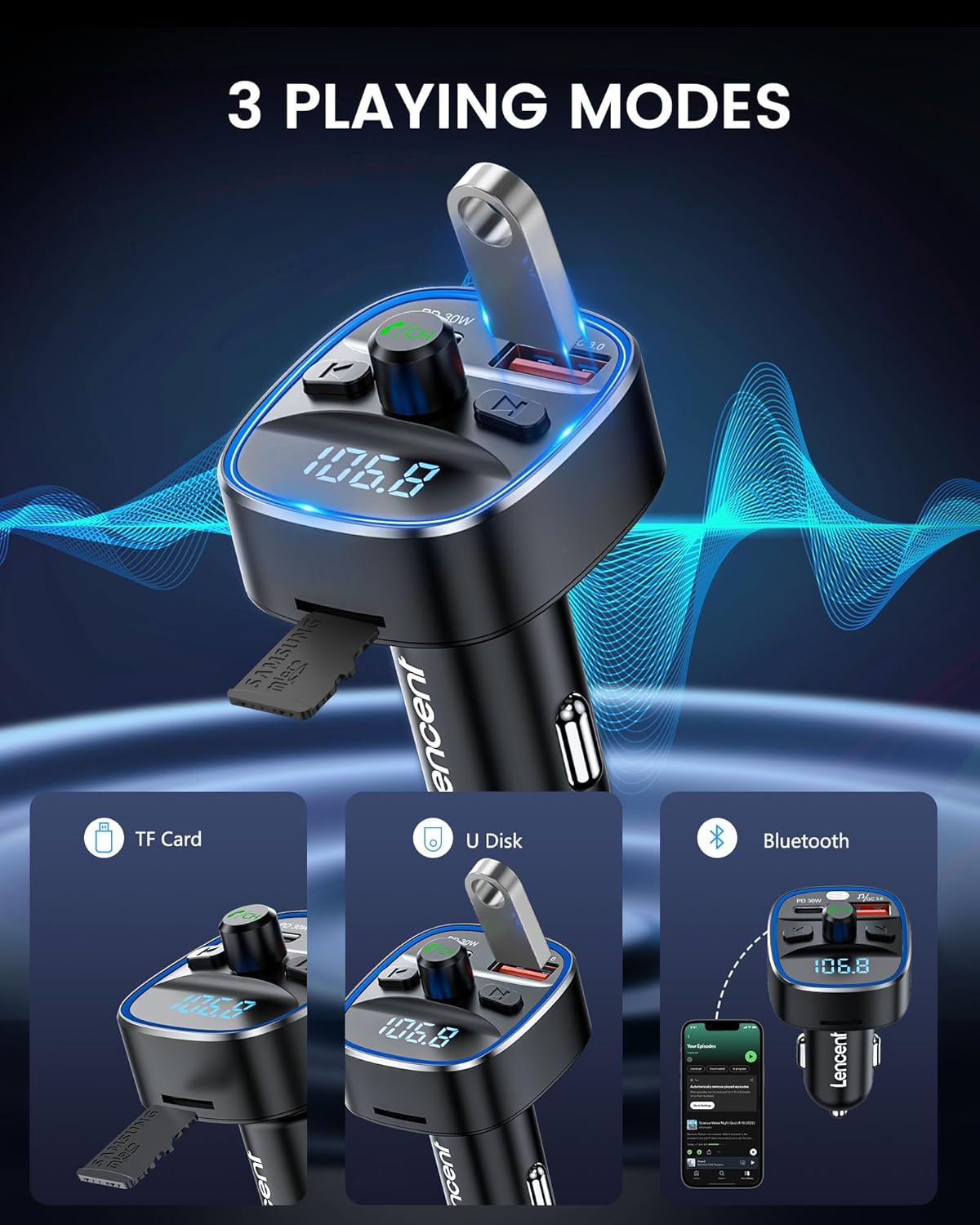 Lencent Trasmettitore FM Bluetooth 5.4 48W per Auto - immagine 4