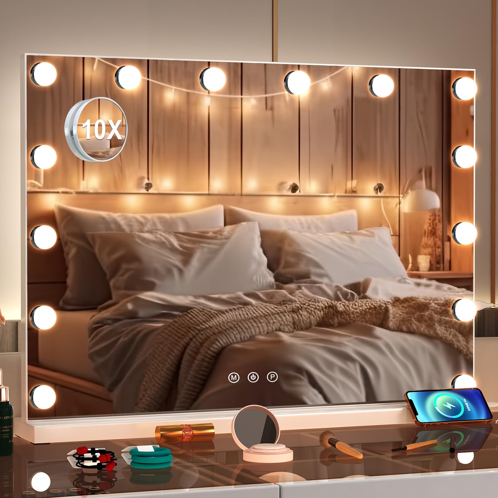 Puselo Hollywood Specchio Trucco con Illuminazione 50x42cm, Bianco