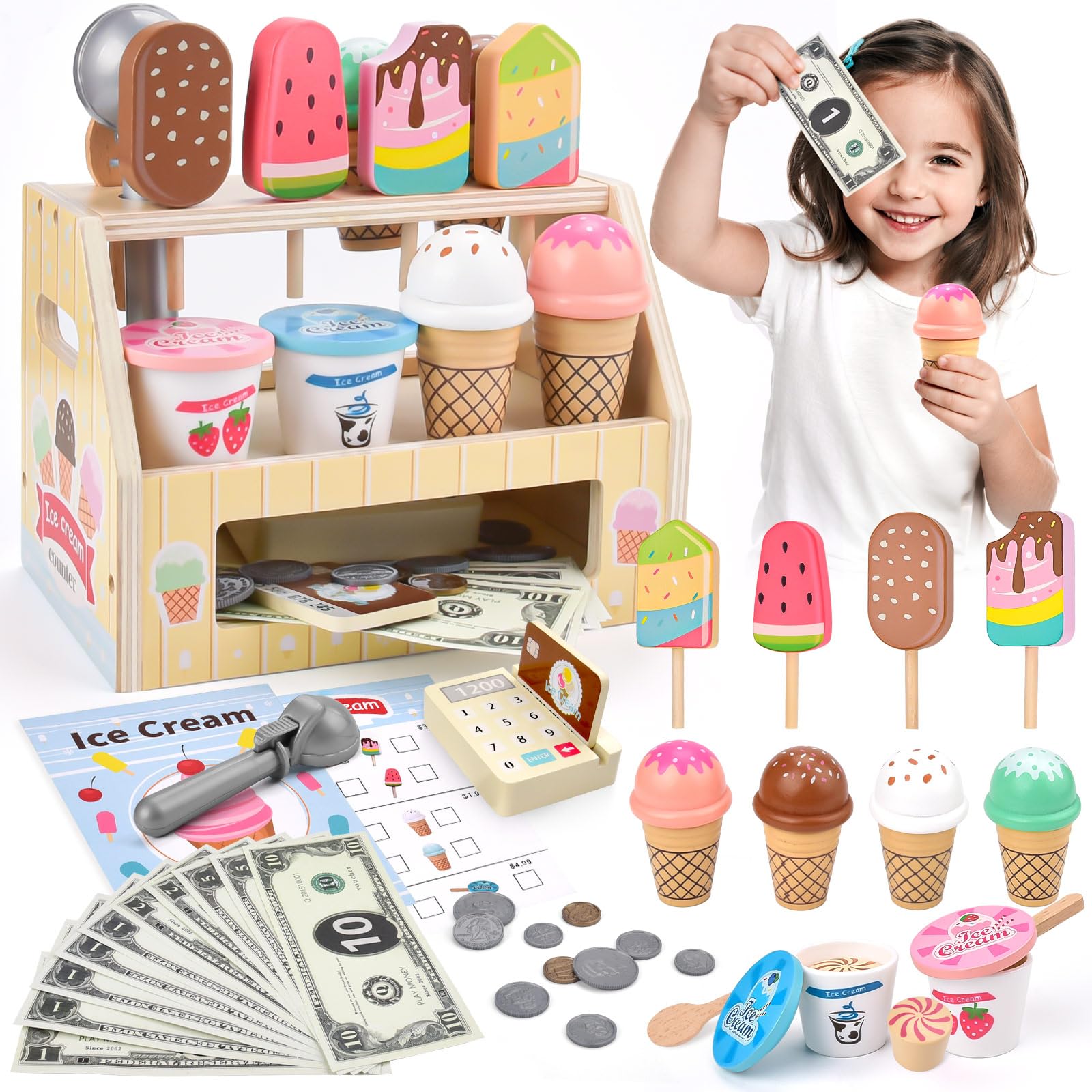 Gelateria in Legno 46 PCS con Banconote e Monete