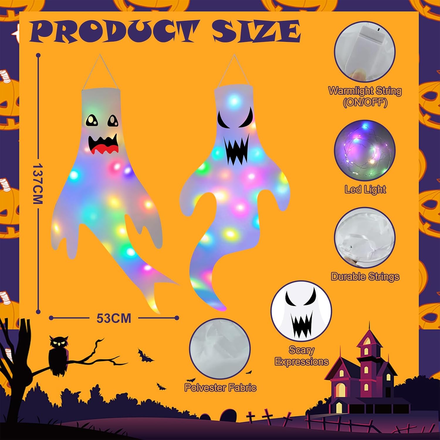 Decorazione Halloween Fantasma Manica a Vento con LED - immagine 2