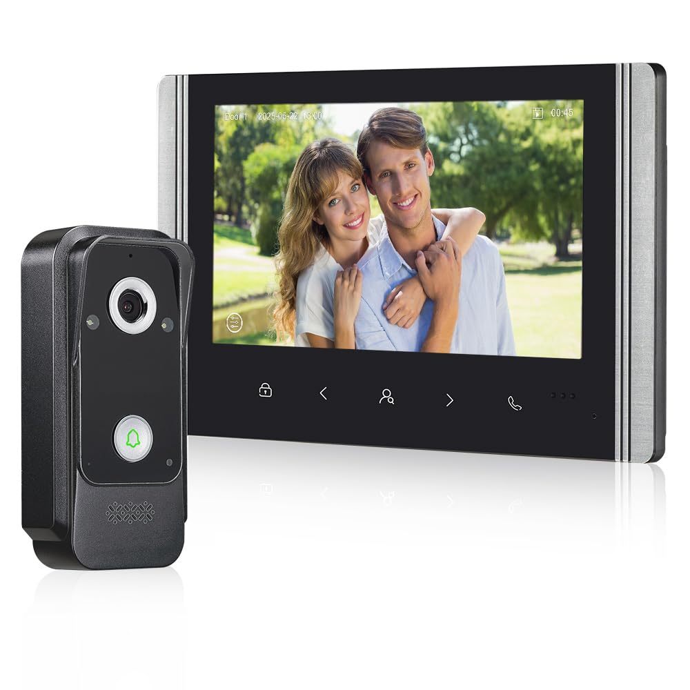 Sistema di Interfono Video Cablato 1080P HD Video Campanello 7 Pollici IPS Schermo Colori, 2.0MP Videocamera IR Visione Notturna con Monitor, Supporto Sblocco, Registrazione
