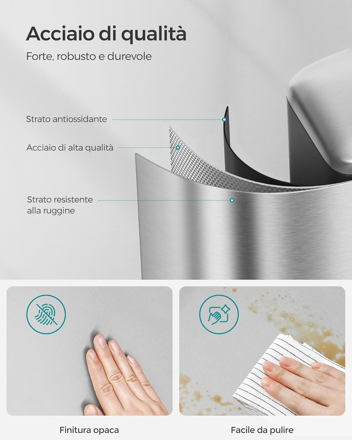 Songmics Pattumiera a Pedale 30L in Acciaio, Argento - immagine 4