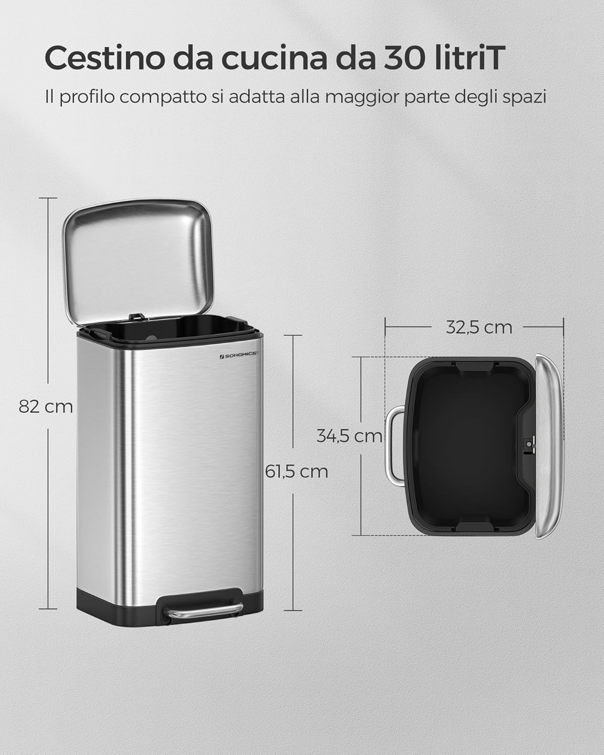 Songmics Pattumiera a Pedale 30L in Acciaio, Argento - immagine 6